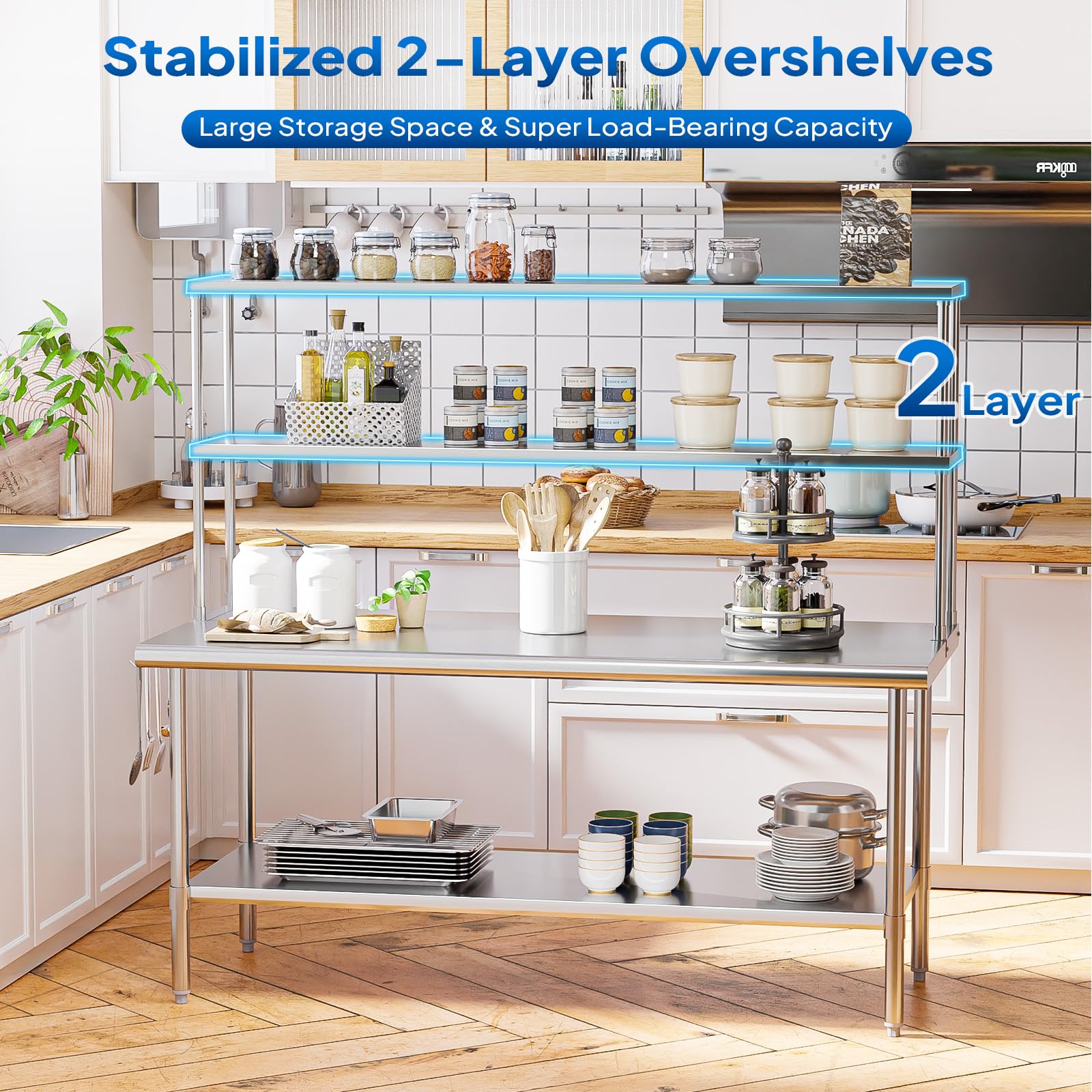 ROVSUN 72" X 30" Stainless Steel Table with Overshelves