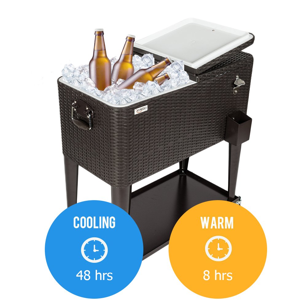 80 Quart Portable Outdoor Patio Rolling Cooler Cart Black Brown
