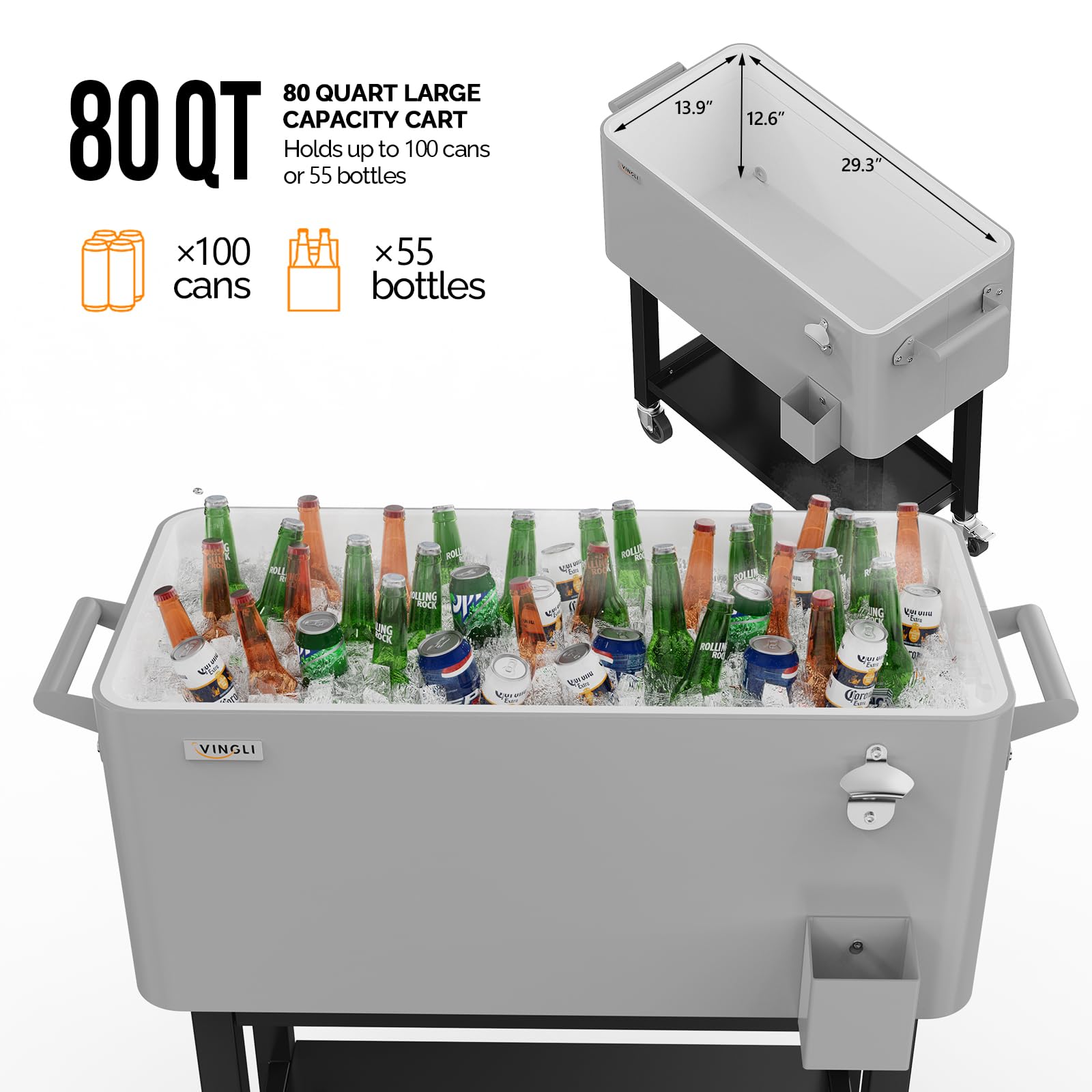 80 Quart Portable Patio Rooling Cooler Cart Detachable Grey