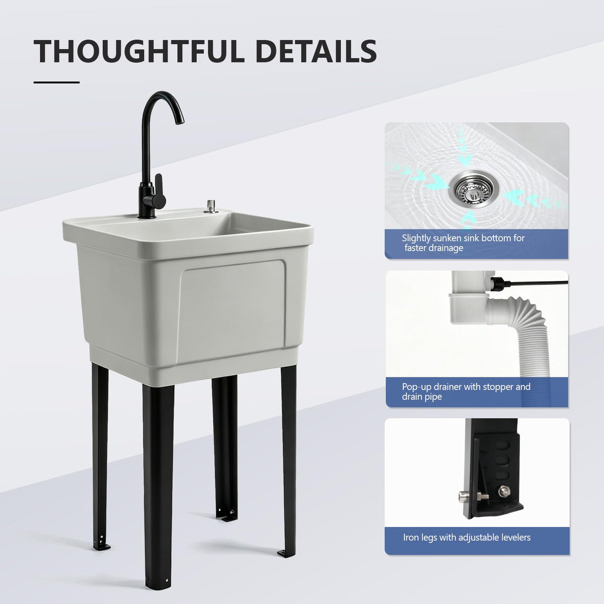 ROVSUN 20" X 19" Plastic Utility Sink Freestanding with Faucet Gray