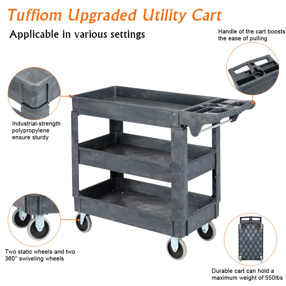 3-Tier 40" x 17" 550 lb. Capacity Plastic Utility Cart with Wheels Grey