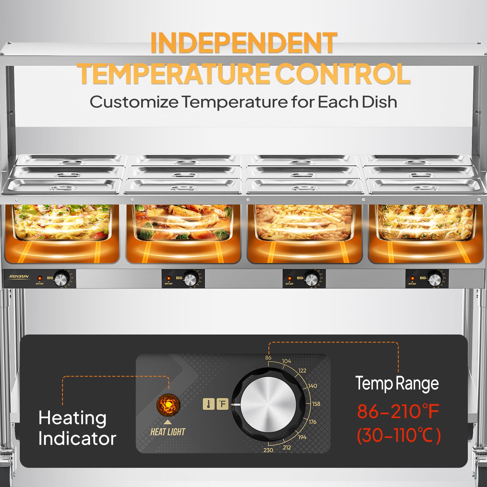 ROVSUN 96 QT 12-Pan Electric Steam Table with Independent Temp Control