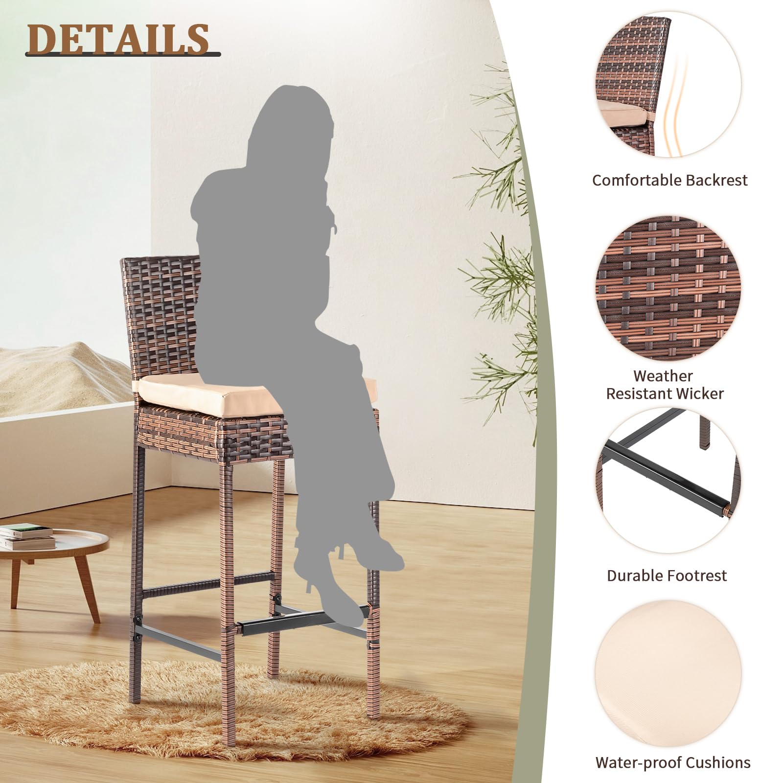 Outdoor Wicker Bar Stools Set with Cushions