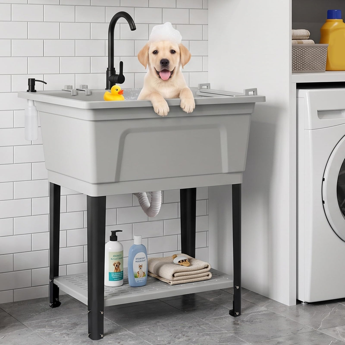 ROVSUN 32" X 24" Heavy Duty Plastic Laundry Tub with Storage Shelf Gray