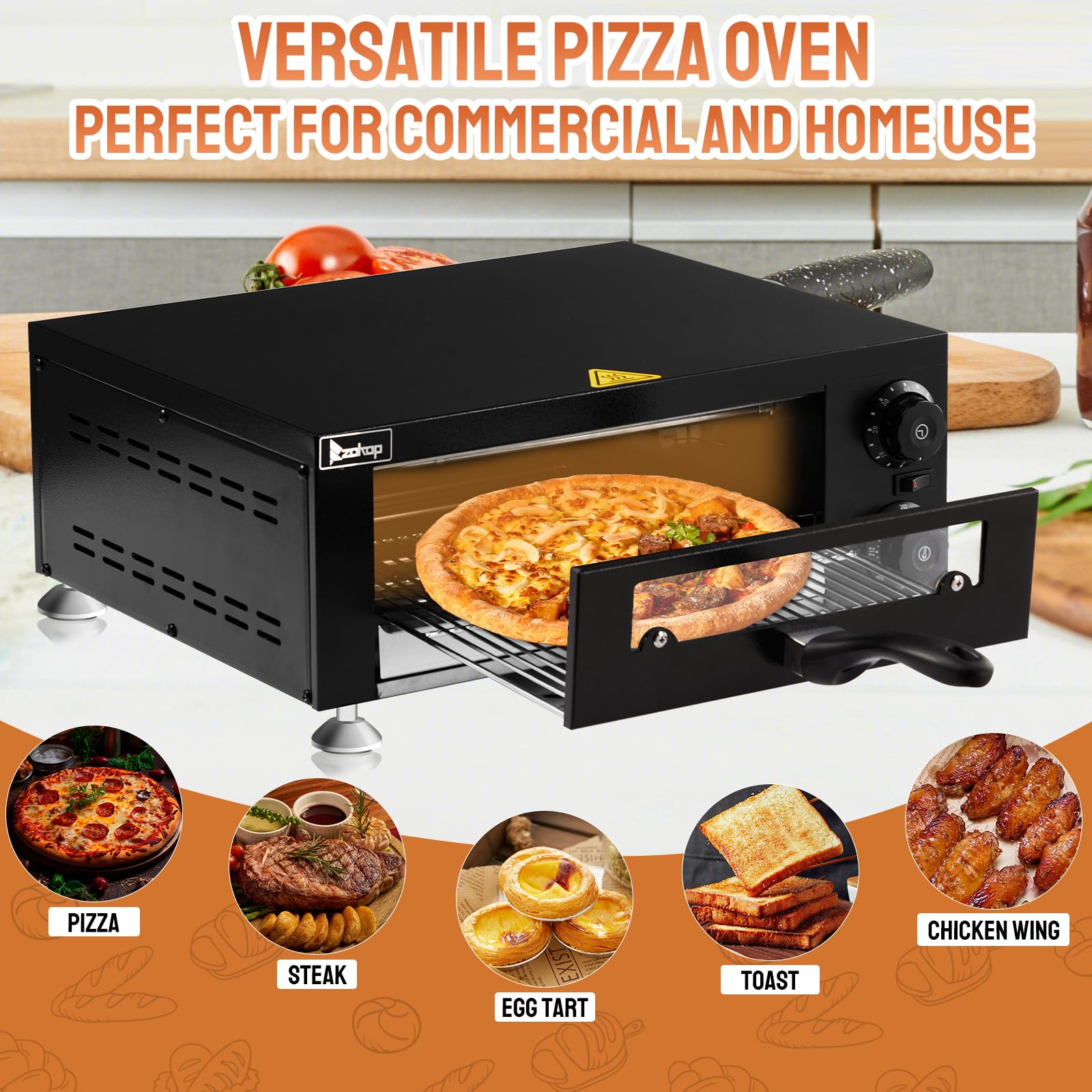 12" 1100W 110V Single Deck Pizza Oven with Visible Window Black