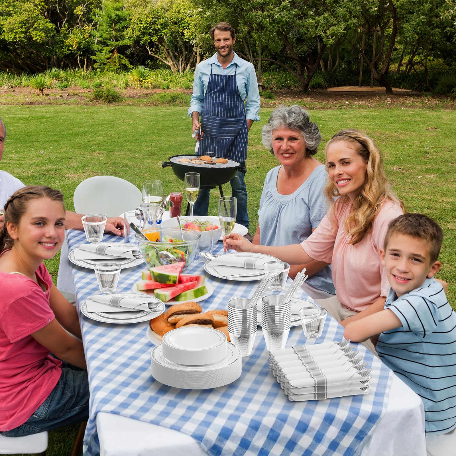 ROVSUN 240 Pieces Pre Rolled Napkins Silver Disposable Plastic Dinnerware Set for 30 Guests