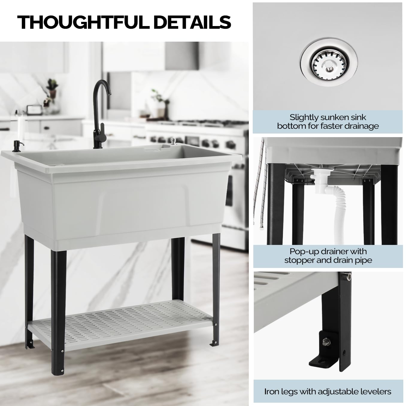 ROVSUN 40" X 24" Heavy Duty Plastic Laundry Tub with Storage Shelf Gray