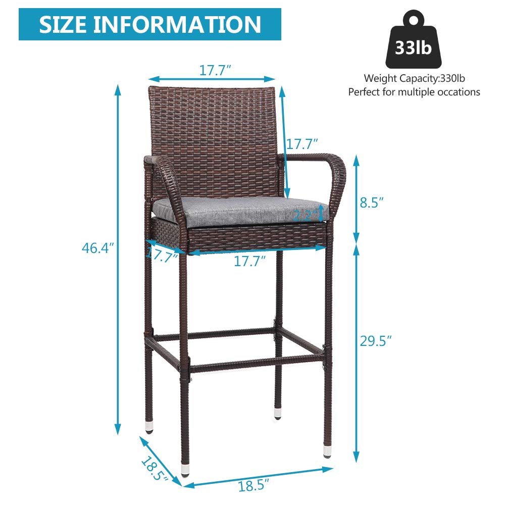 Outdoor Wicker Bar Stools Set with Armrest
