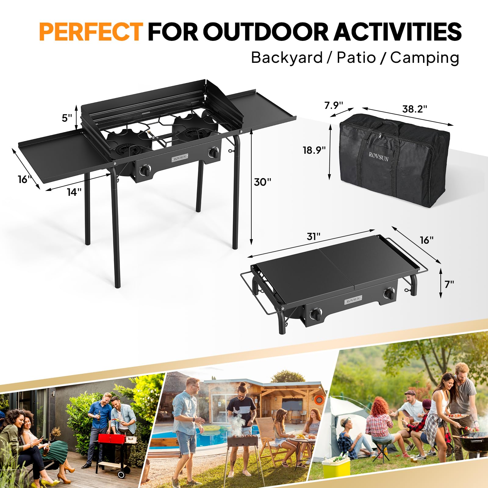 ROVSUN 2-Burner 150,000 BTU Windproof Camping Propane Stove with Side Shelves & Bag