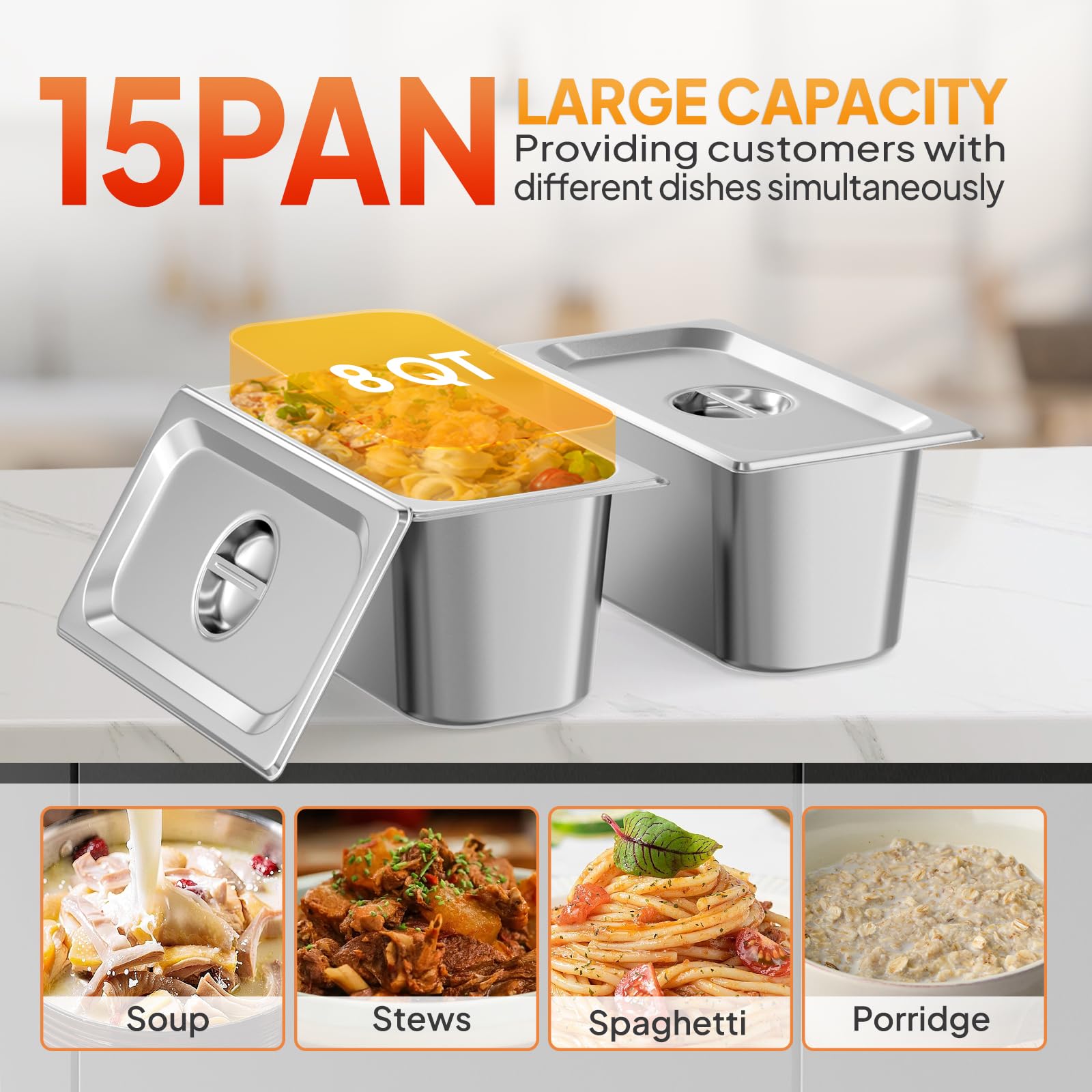 ROVSUN 120 QT 15-Pan Electric Steam Table with Independent Temp Control