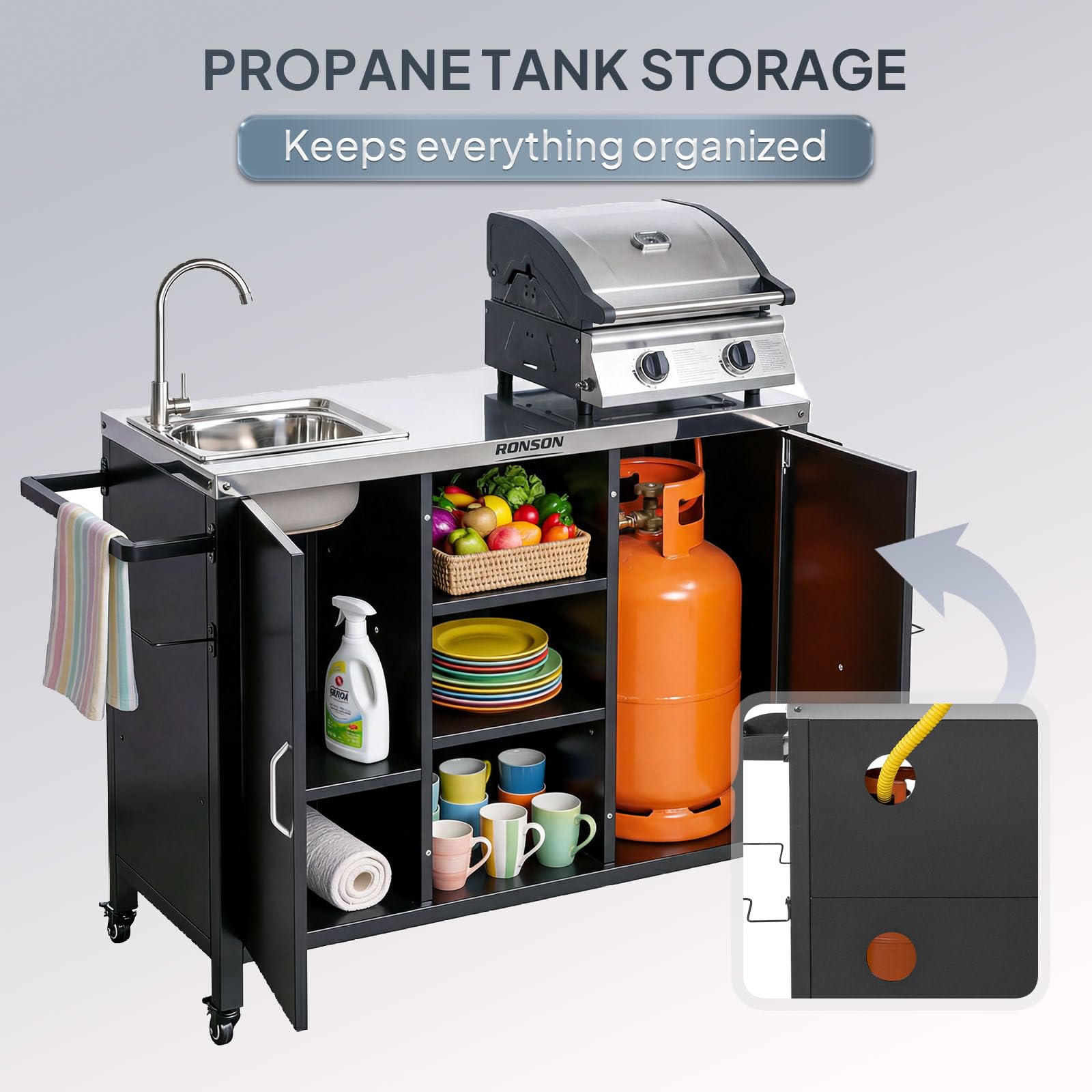 ROVSUN 62" Outdoor Grill Cart with Sink & with Gas Storage Area