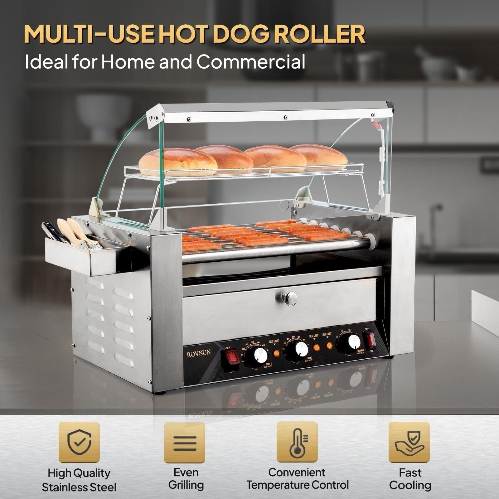 ROVSUN 18 Hot Dog Roller Grill with Bun Warmer