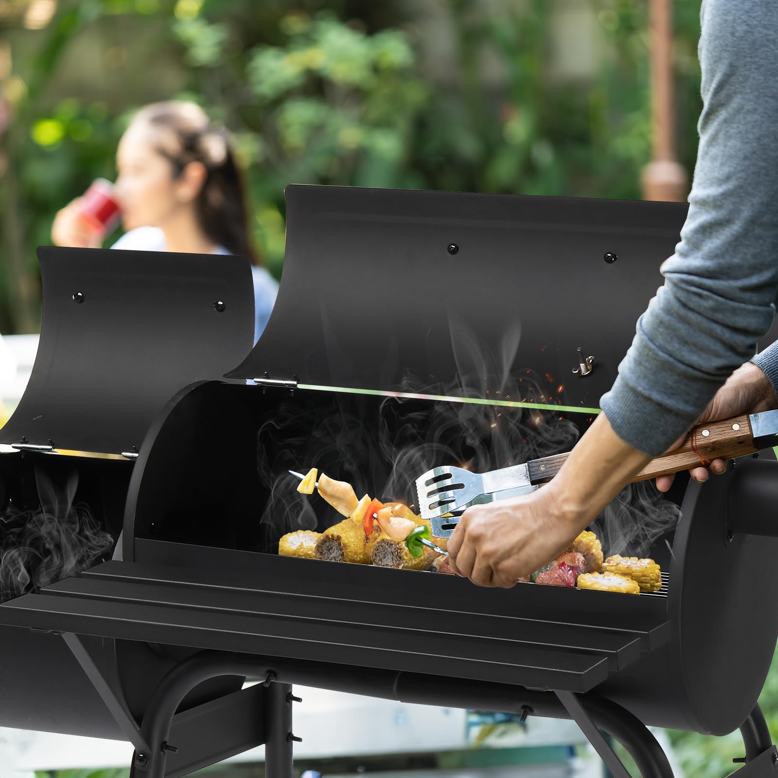 VINGLI Barrel Charcoal Grill with Offset Smoker