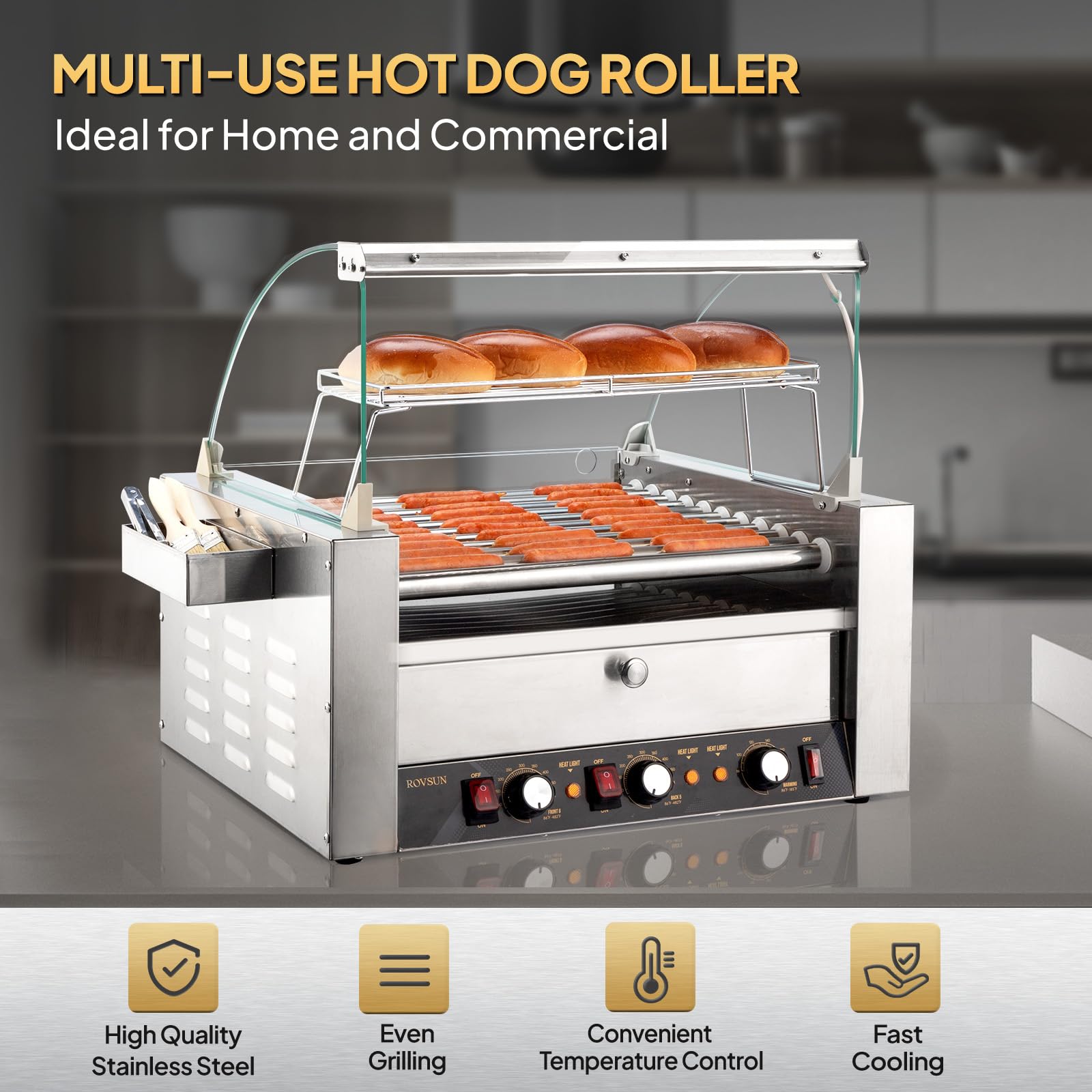 ROVSUN 30 Hot Dog Roller Grill with Bun Warmer