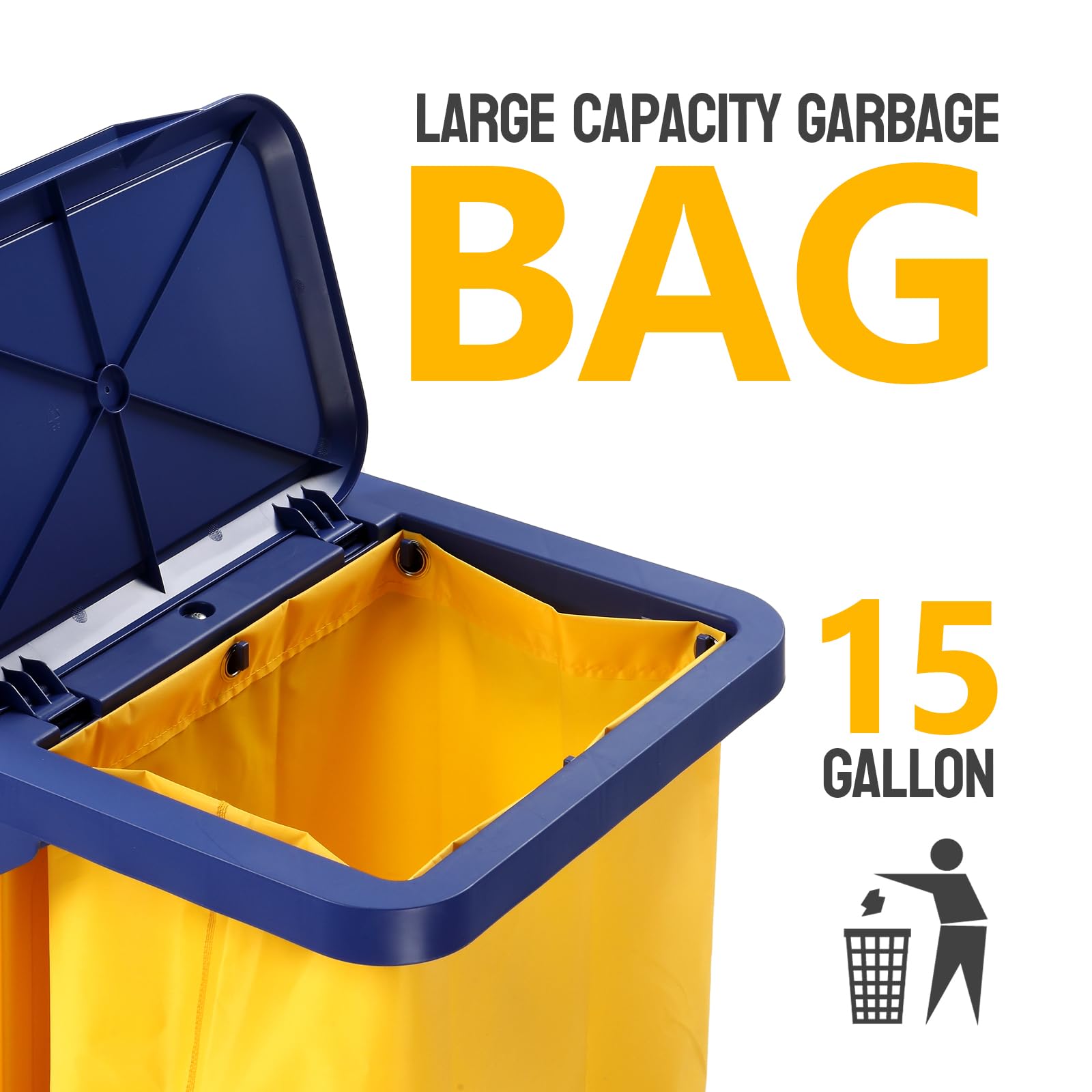 3-Tier 500 LBS Capacity Janitorial Cart with Locker & 15 Gallon Bag Blue