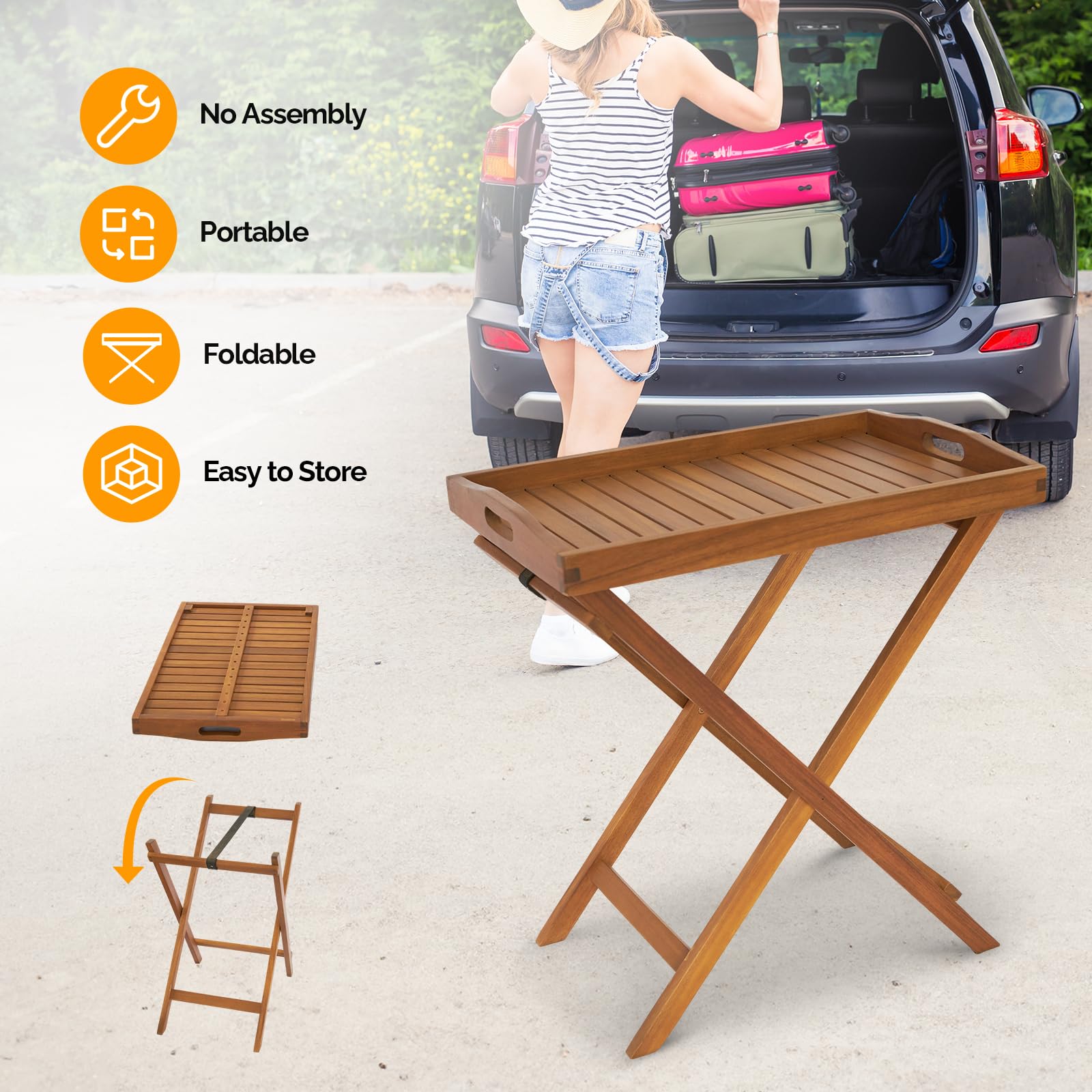 26" FSC Acacia Wooden Folding Table with Removable Tray