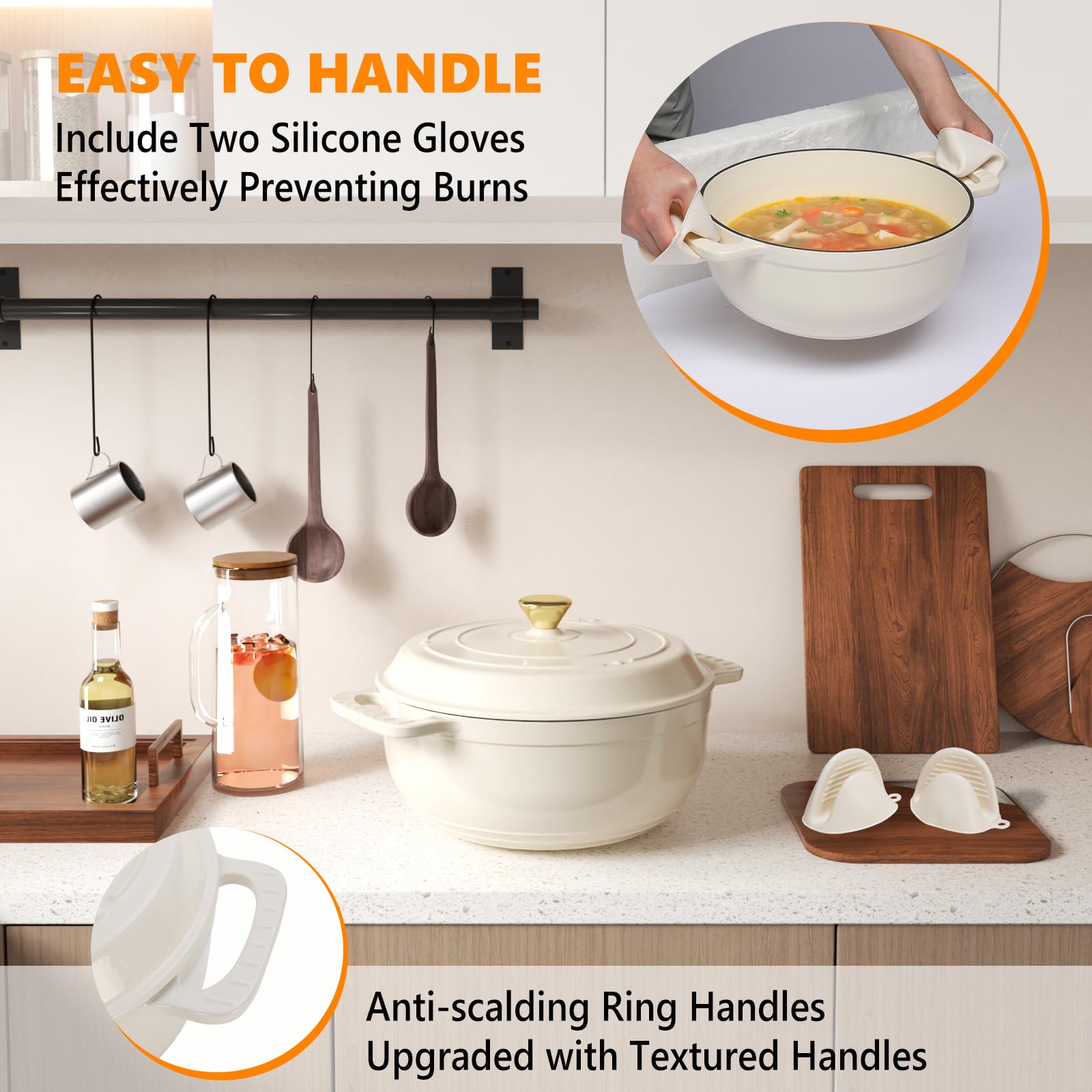 ROVSUN 6 QT Enameled Cast Iron Round Dutch Oven Cream White