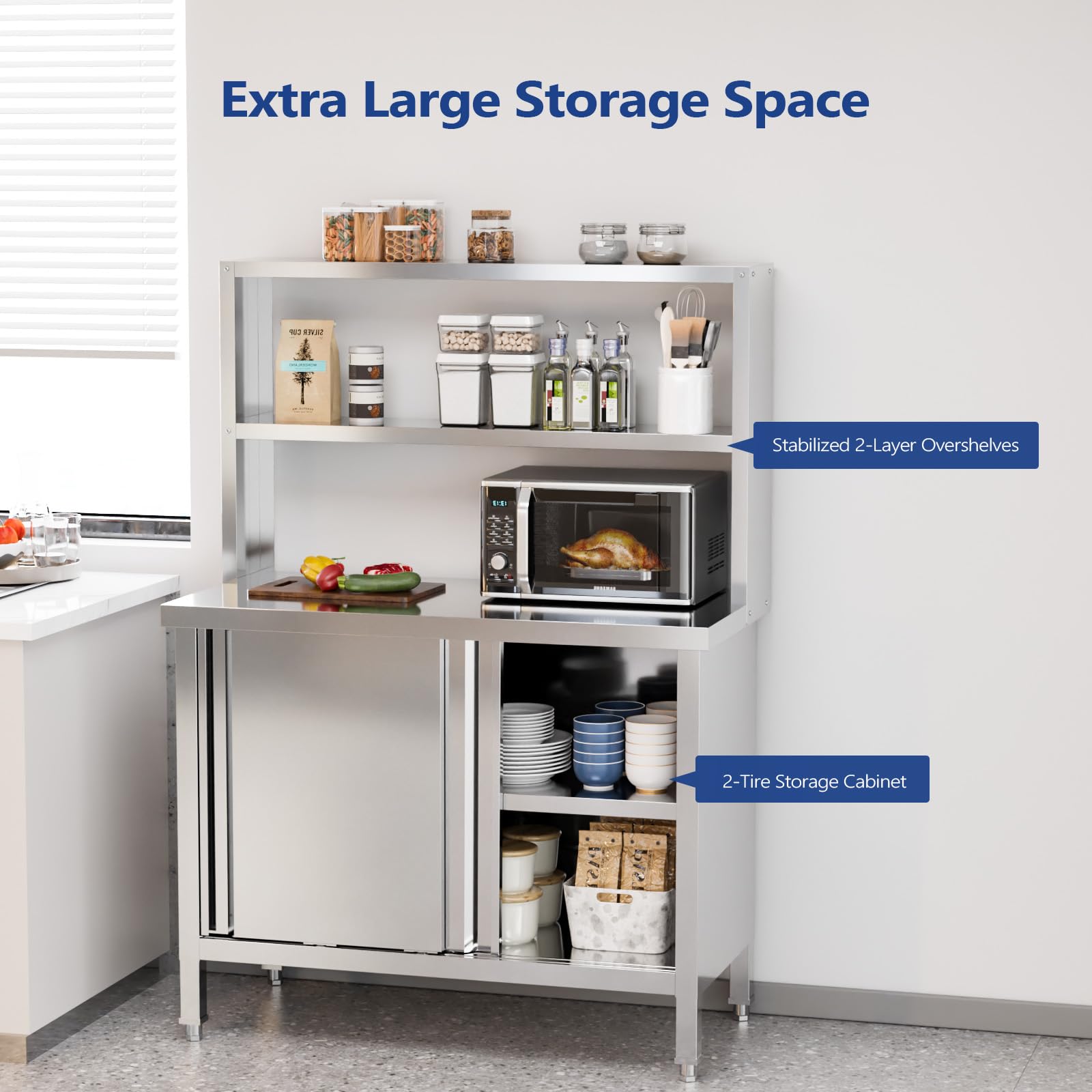 ROVSUN 39" x 19" Stainless Steel Table with Cabinet & Overshelves