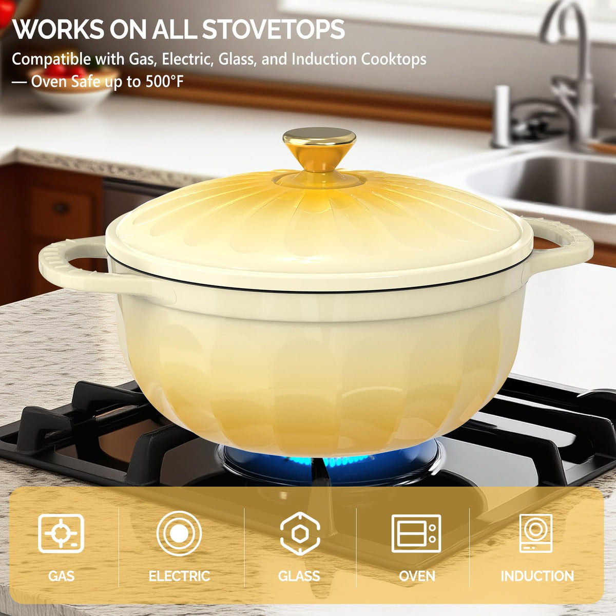 ROVSUN 7.5 QT Enameled Cast Iron Round Dutch Oven Yellow Gradient