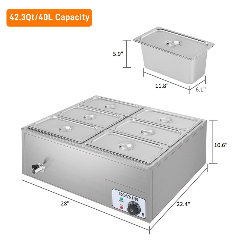 ROVSUN 42.3QT 1200W 110V 6-Pan Electric Steam Table Commercial Food Warmer Countertop
