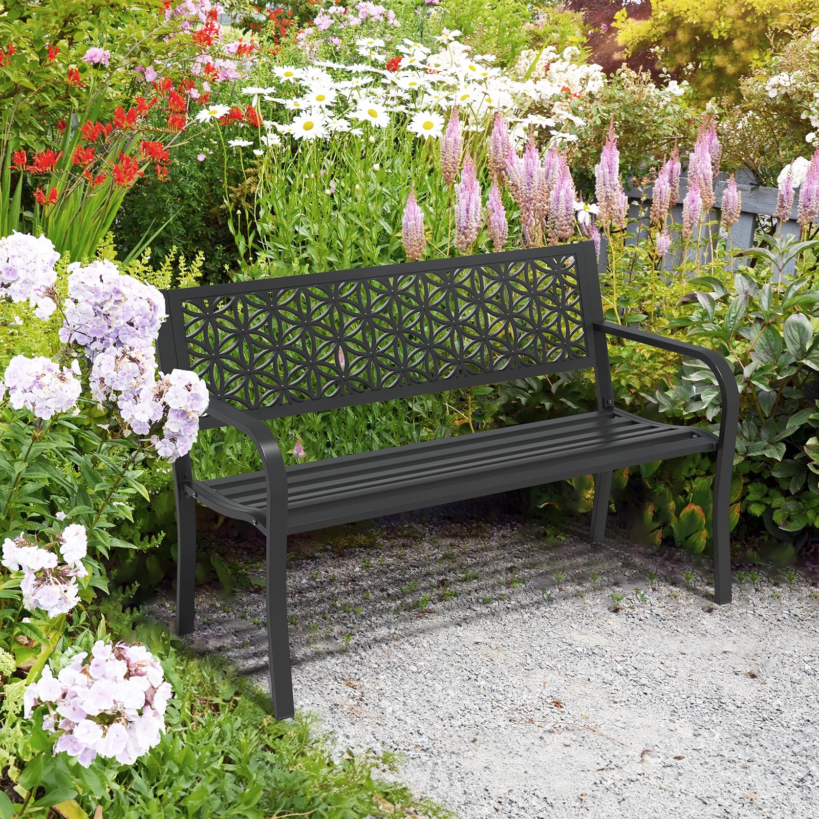 50" Outdoor Bench Metal with Floral Back Black