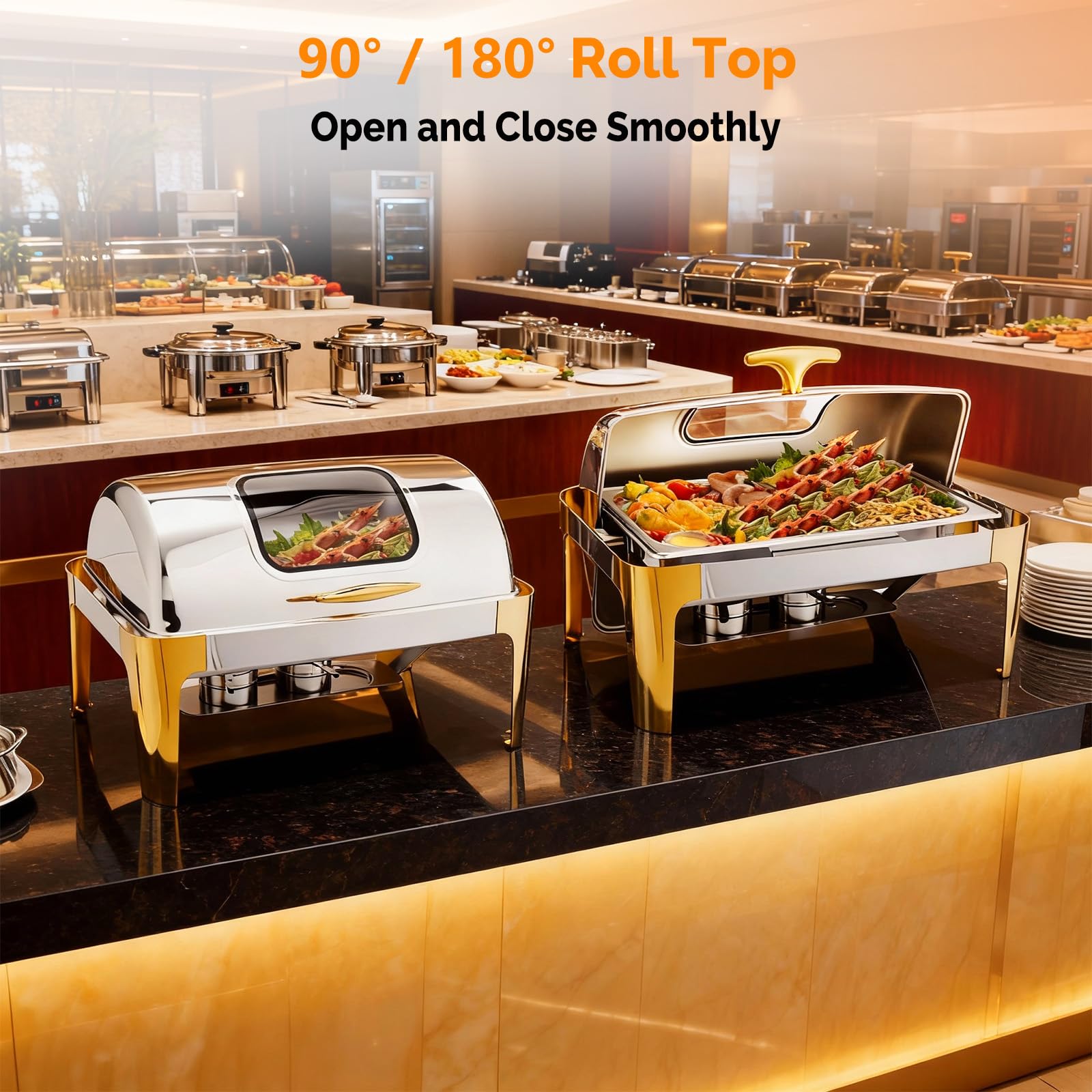 ROVSUN 9 QT Roll Top Rectangular Silver-Gold Chafing Dish Buffet Set with Visible Window