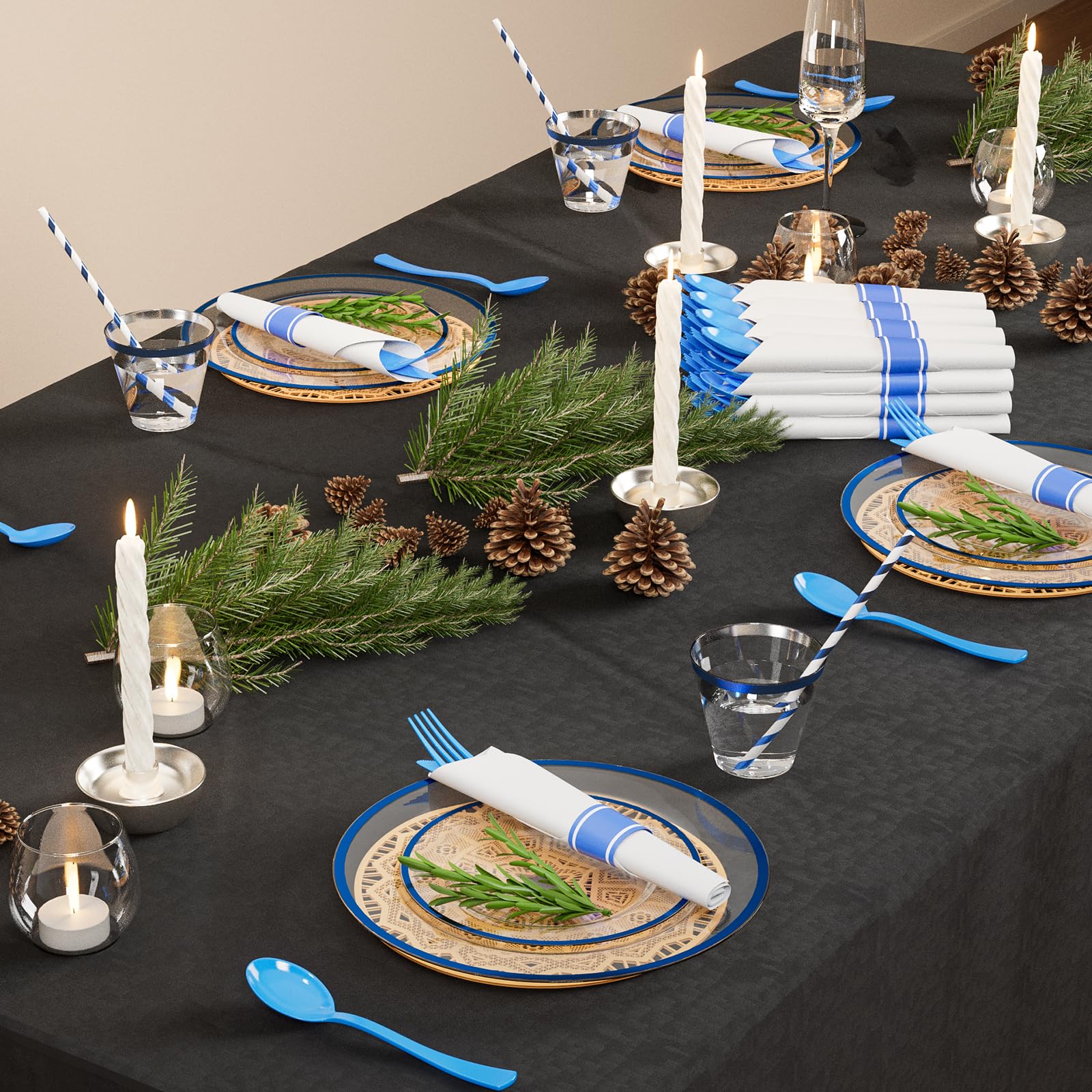 ROVSUN 400 Pieces Pre Rolled Napkins Blue Disposable Plastic Dinnerware Set for 50 Guests