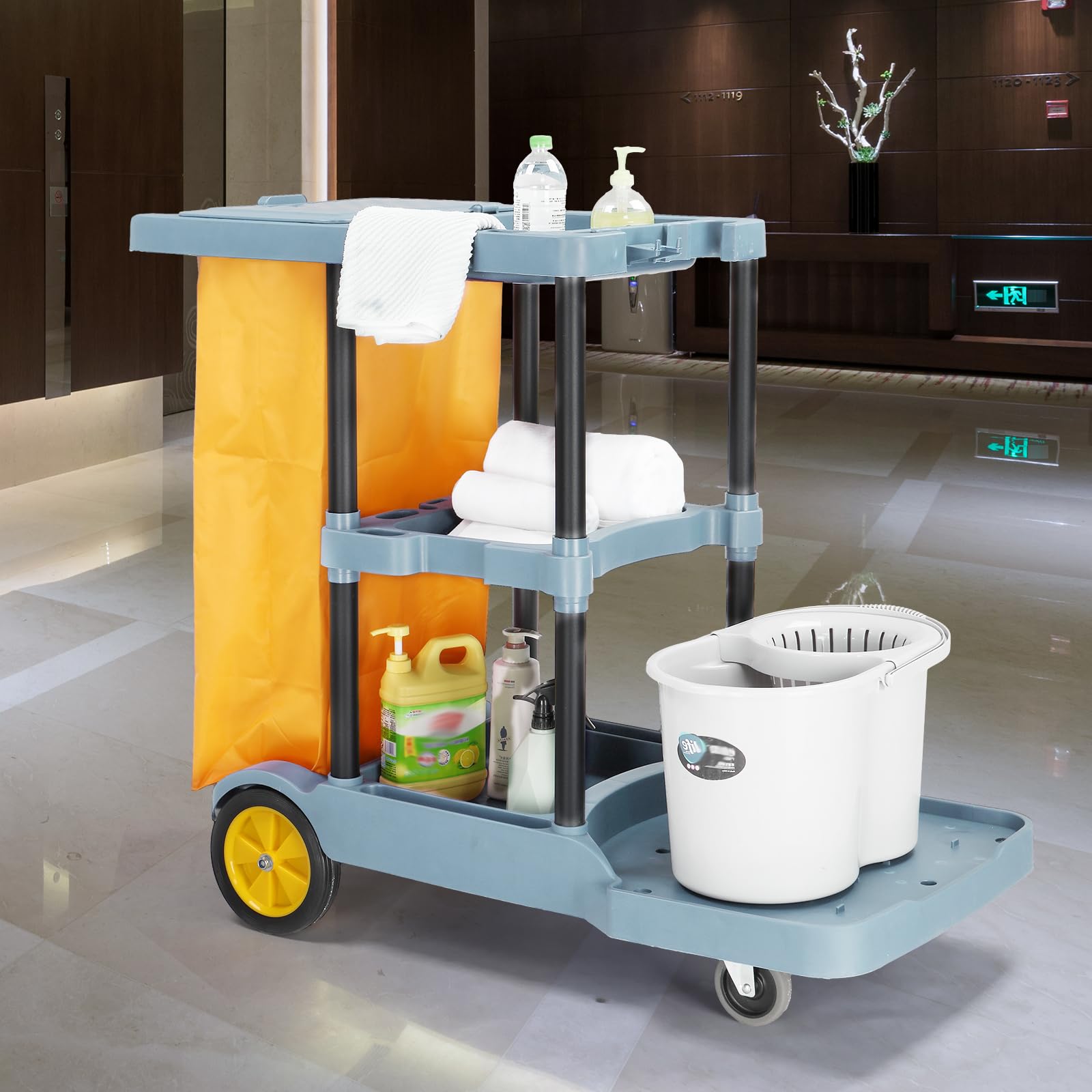 3-Tier 500 LBS Capacity Janitorial Cart with 22 Gallon Bag Blue