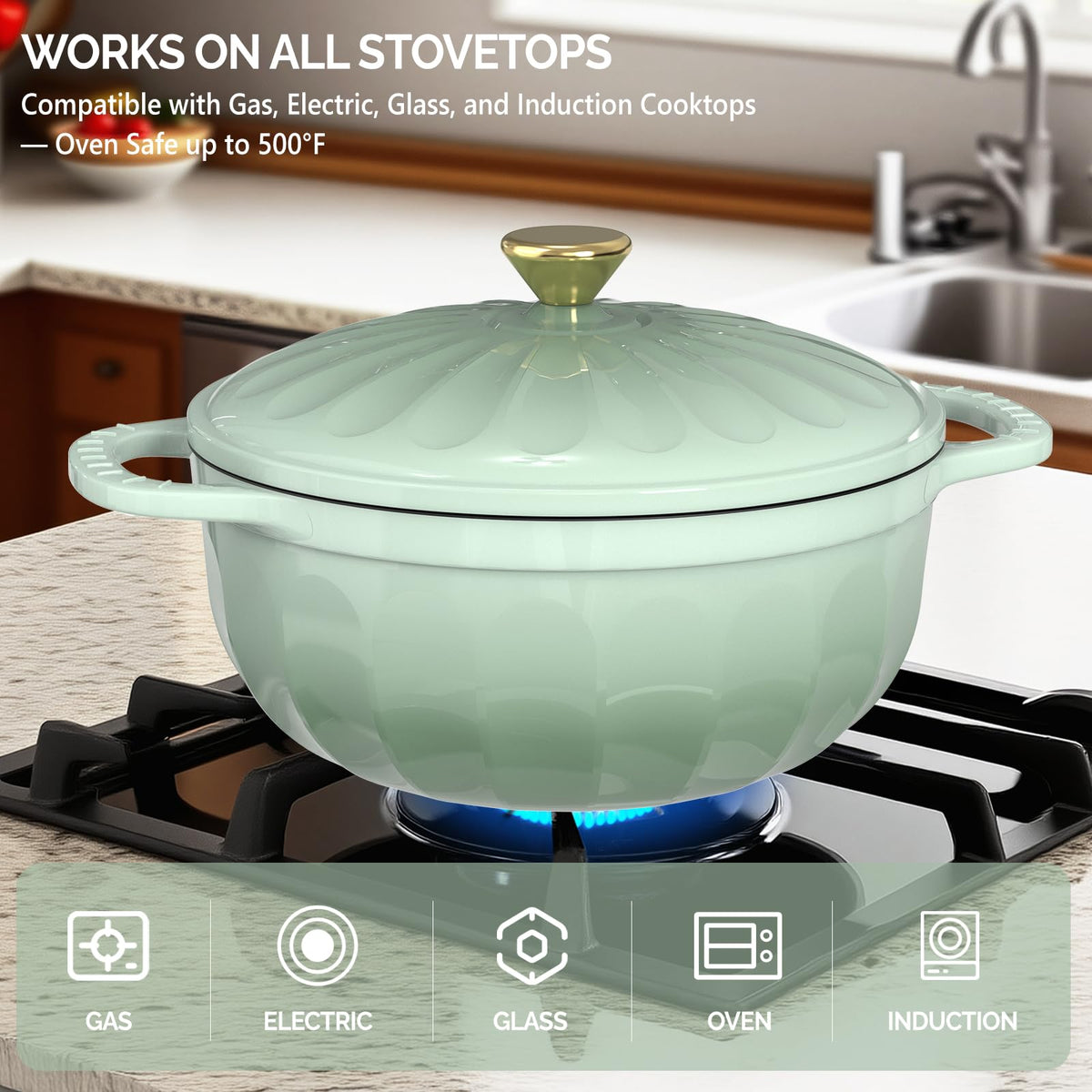 ROVSUN 7.5 QT Enameled Cast Iron Round Dutch Oven Green Gradient