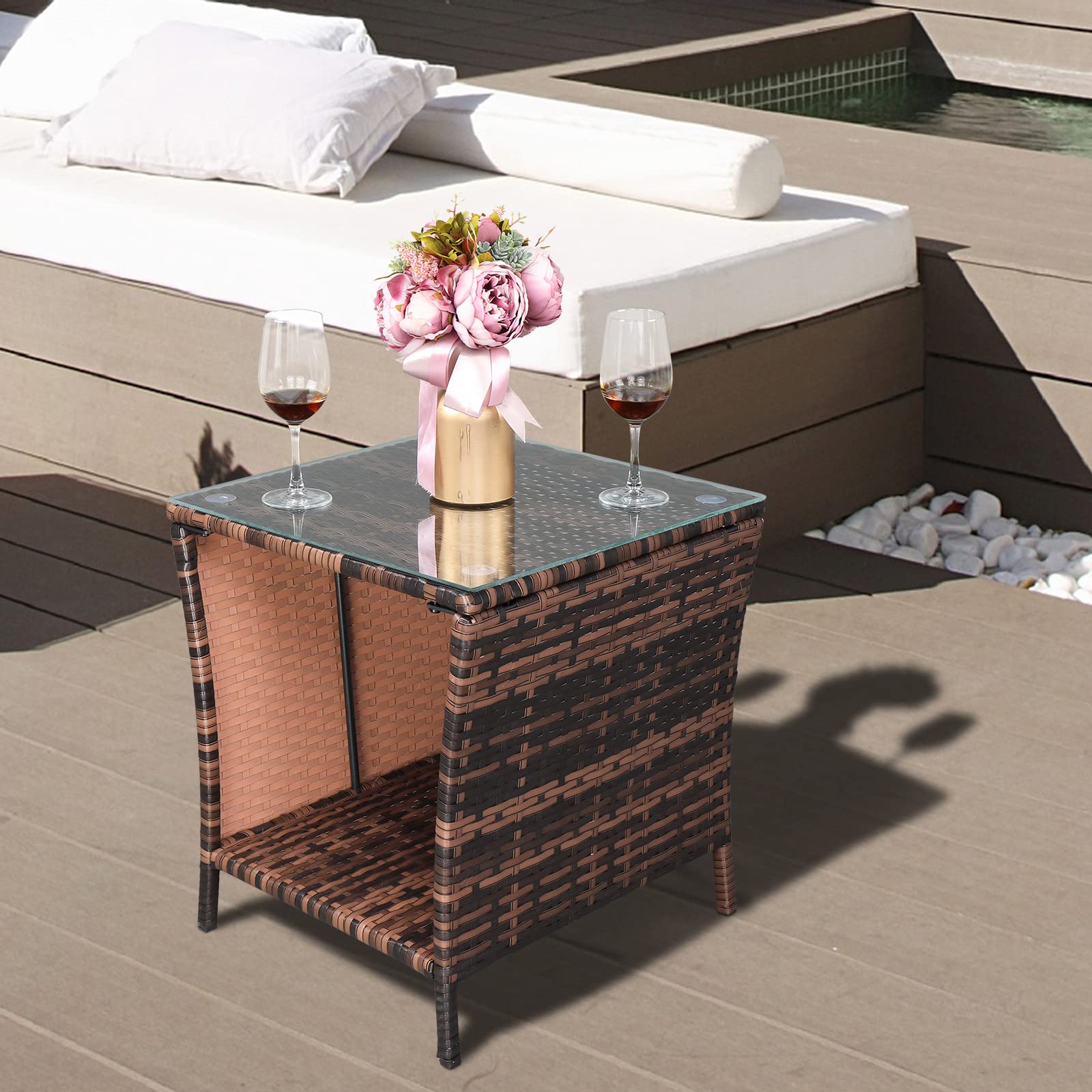 Outdoor Wicker Side Table with Storage Brown