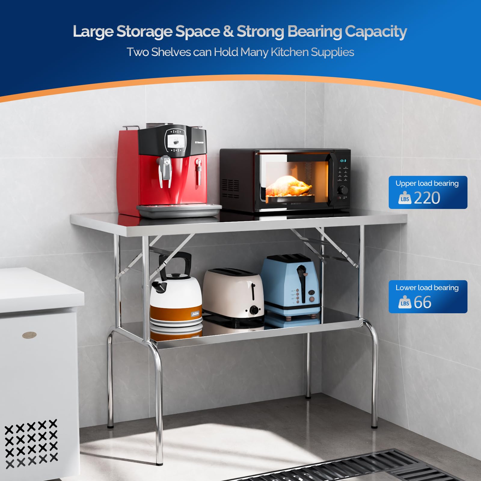 ROVSUN 48" x 24" Stainless Steel Folding Work Table with Undershelf