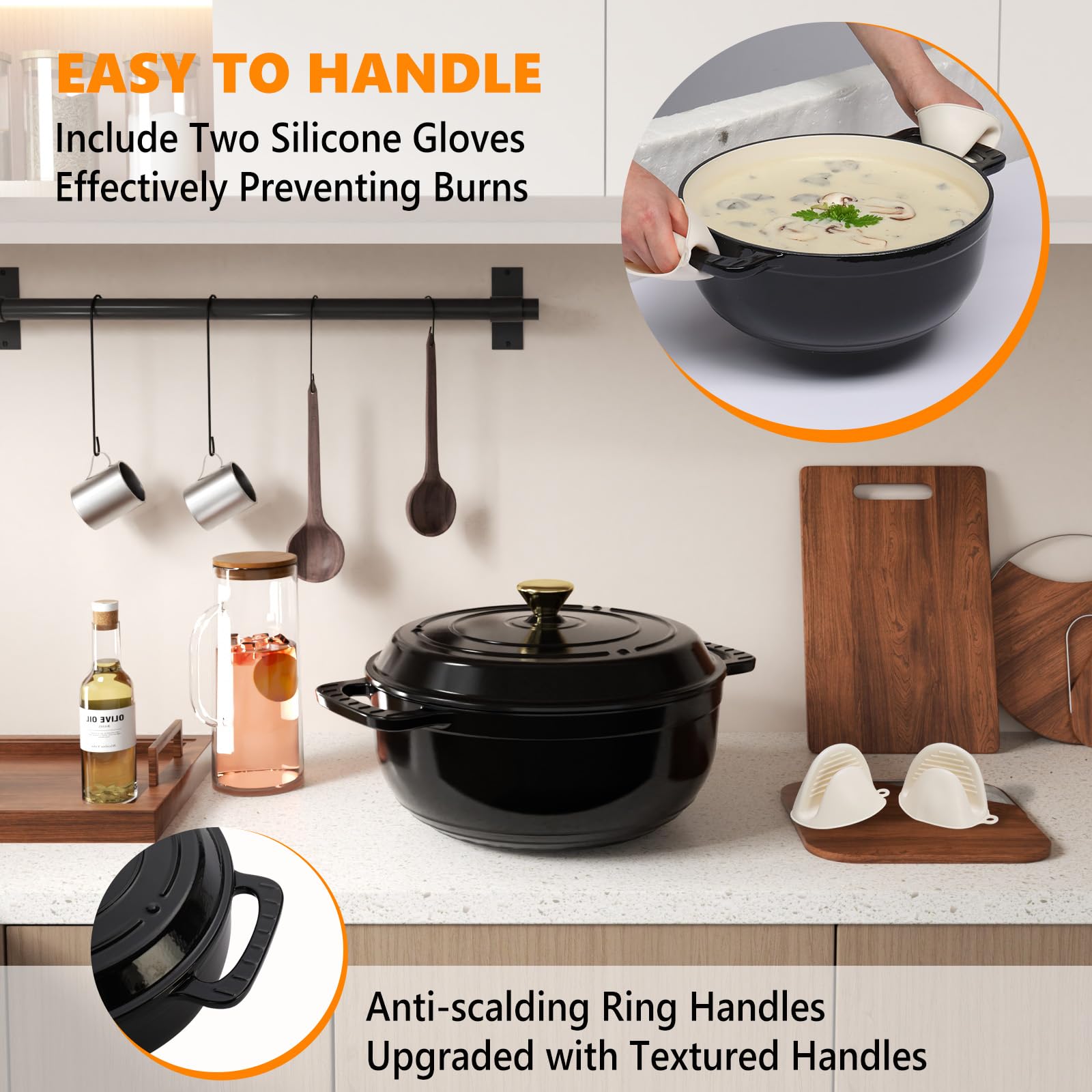 ROVSUN 7.5 QT Enameled Cast Iron Round Dutch Oven Black