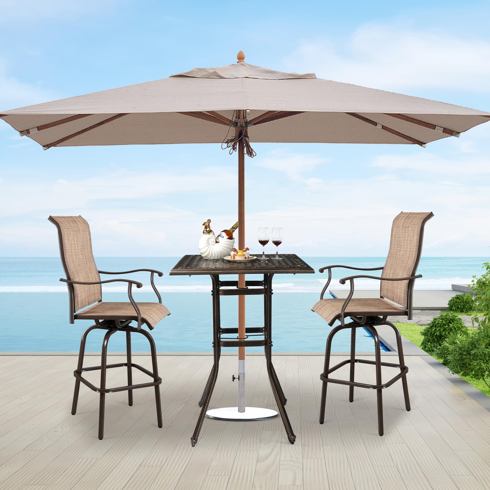 32" Square Outdoor Bar Table with Umbrella Hole Bronze