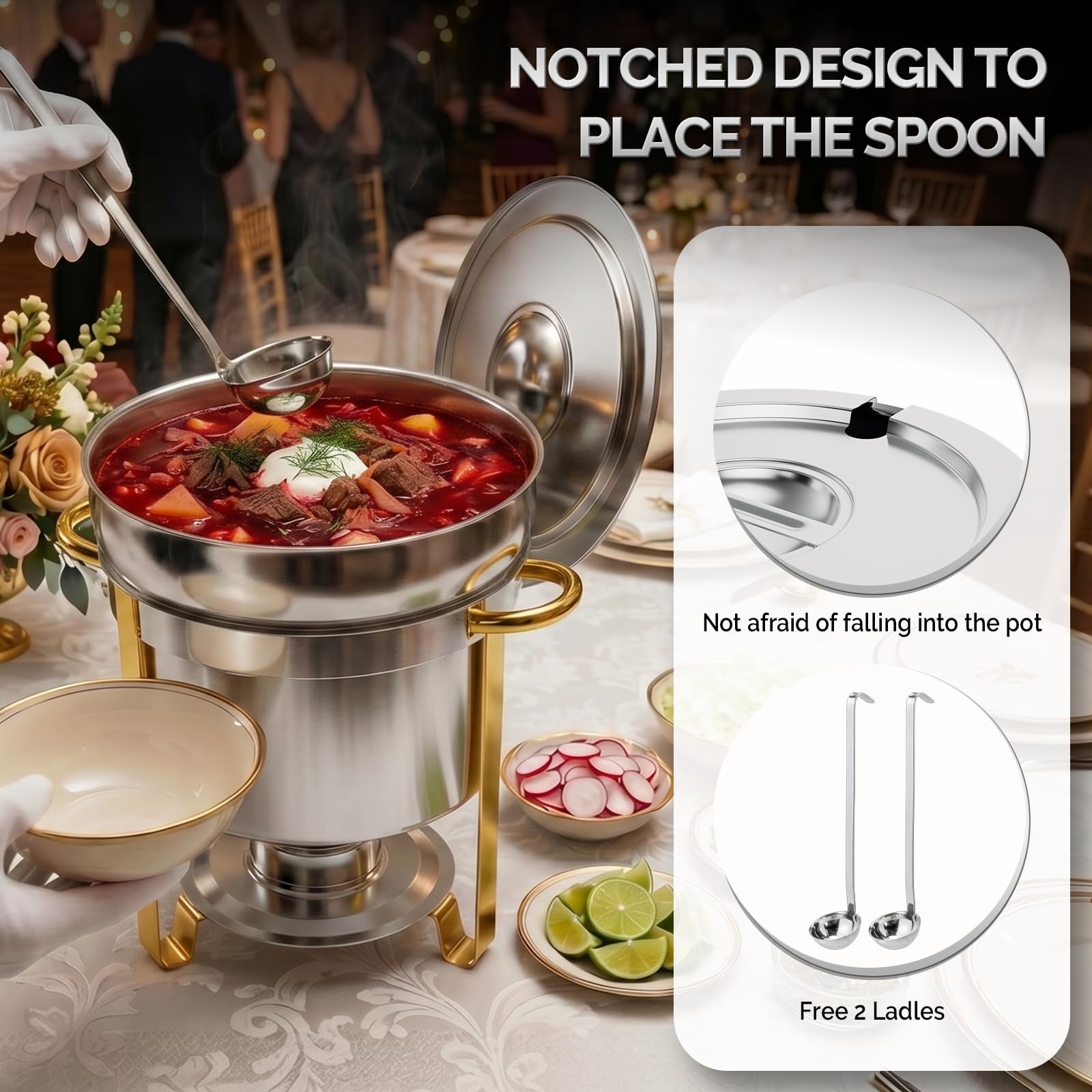 ROVSUN 11 QT Round Silver-Gold Buffet Soup Chafer with Lid Holder