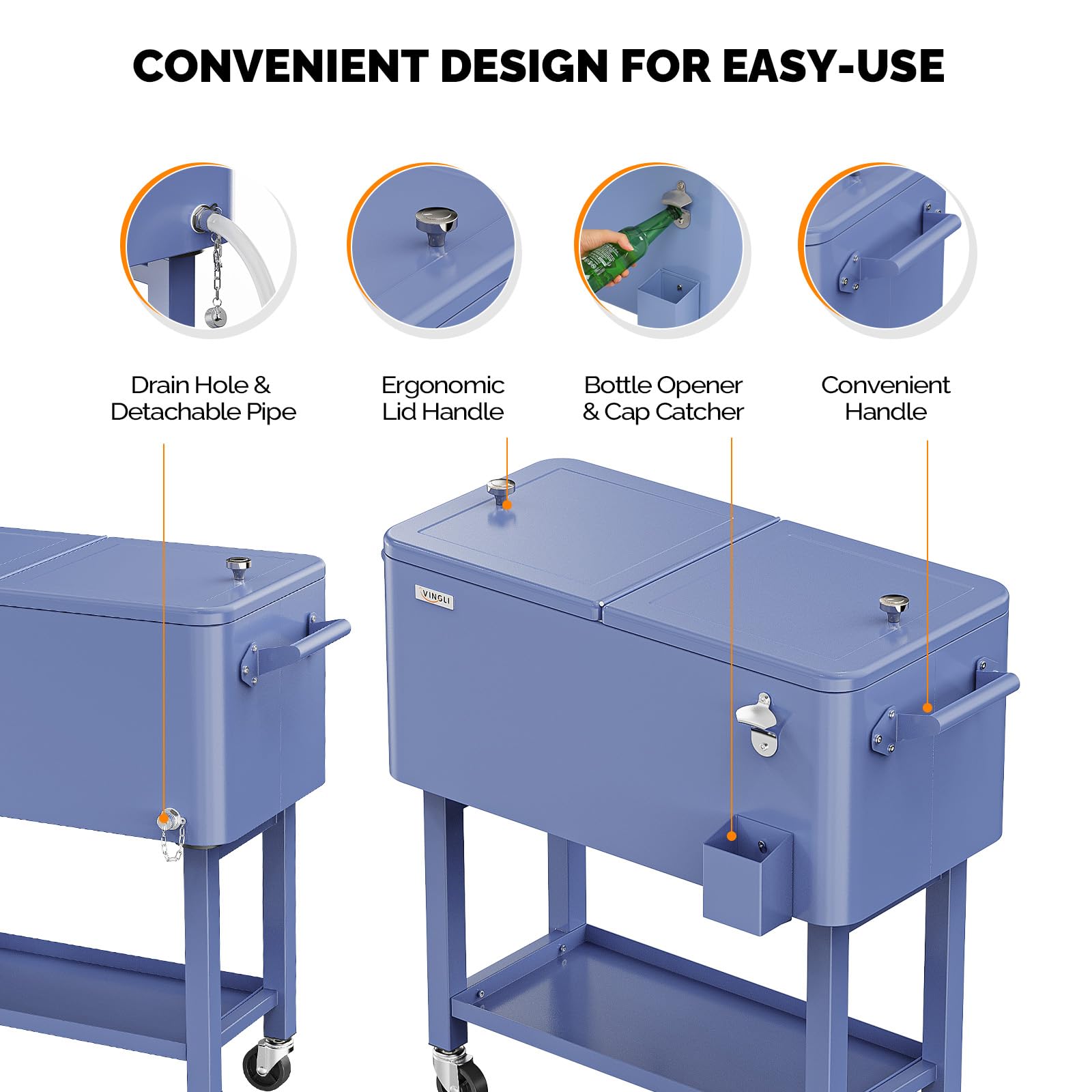 80 Quart Portable Outdoor Patio Rolling Cooler Cart Haze Blue