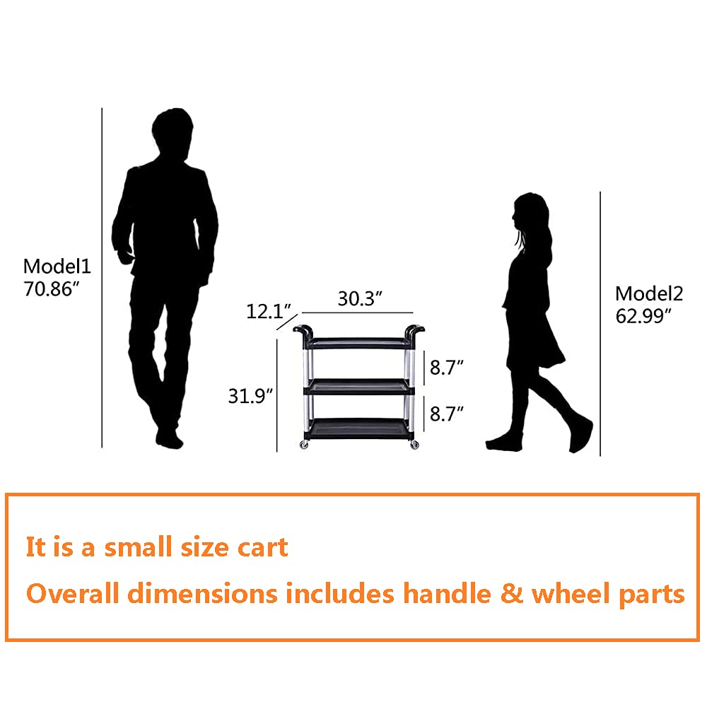 3-Tier 30" x 12" 330 lb. Capacity Plastic Utility Cart/Bussing Cart Black