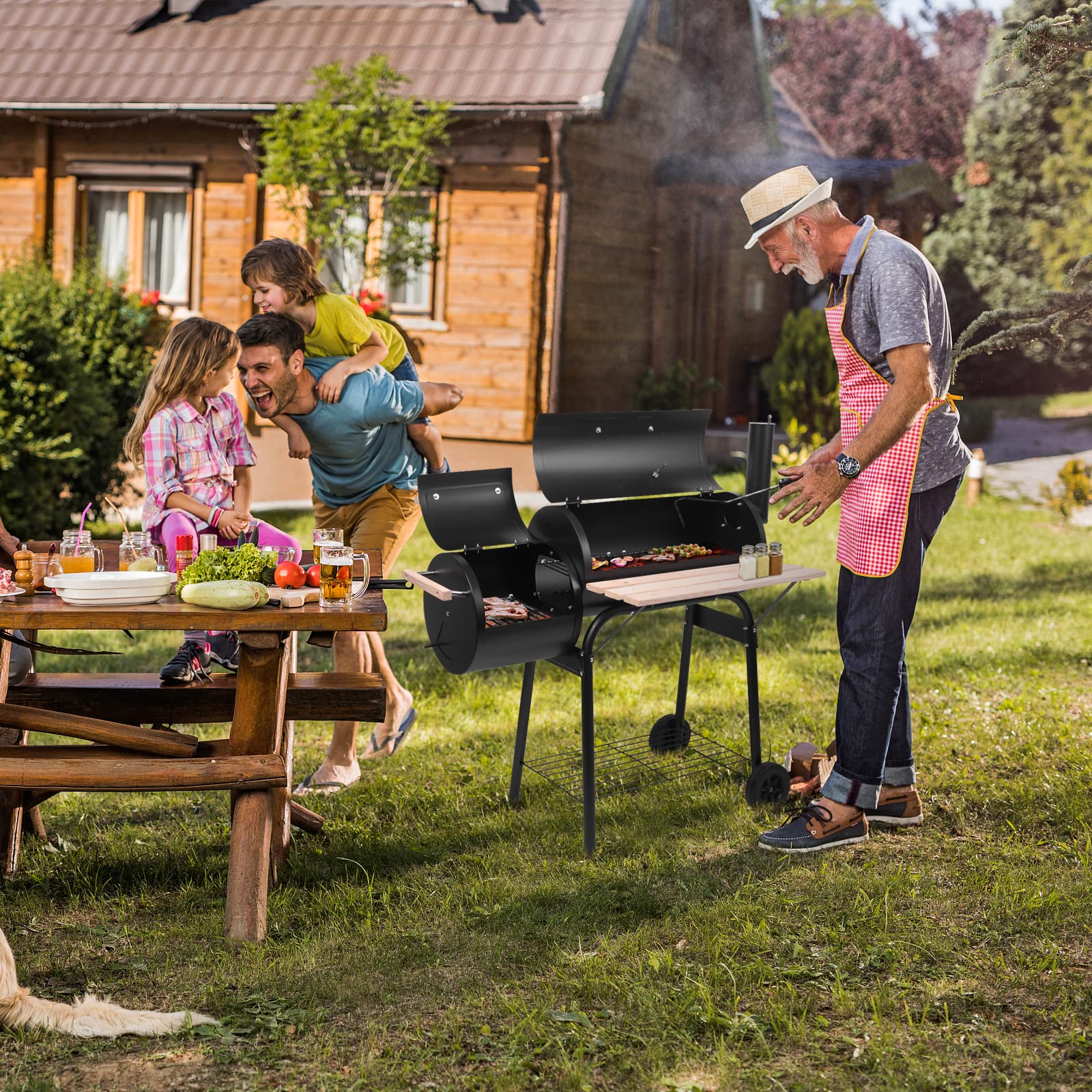 ROVSUN BBQ Charcoal Grill Outdoor Patio Barbecue Cooker with Wheels