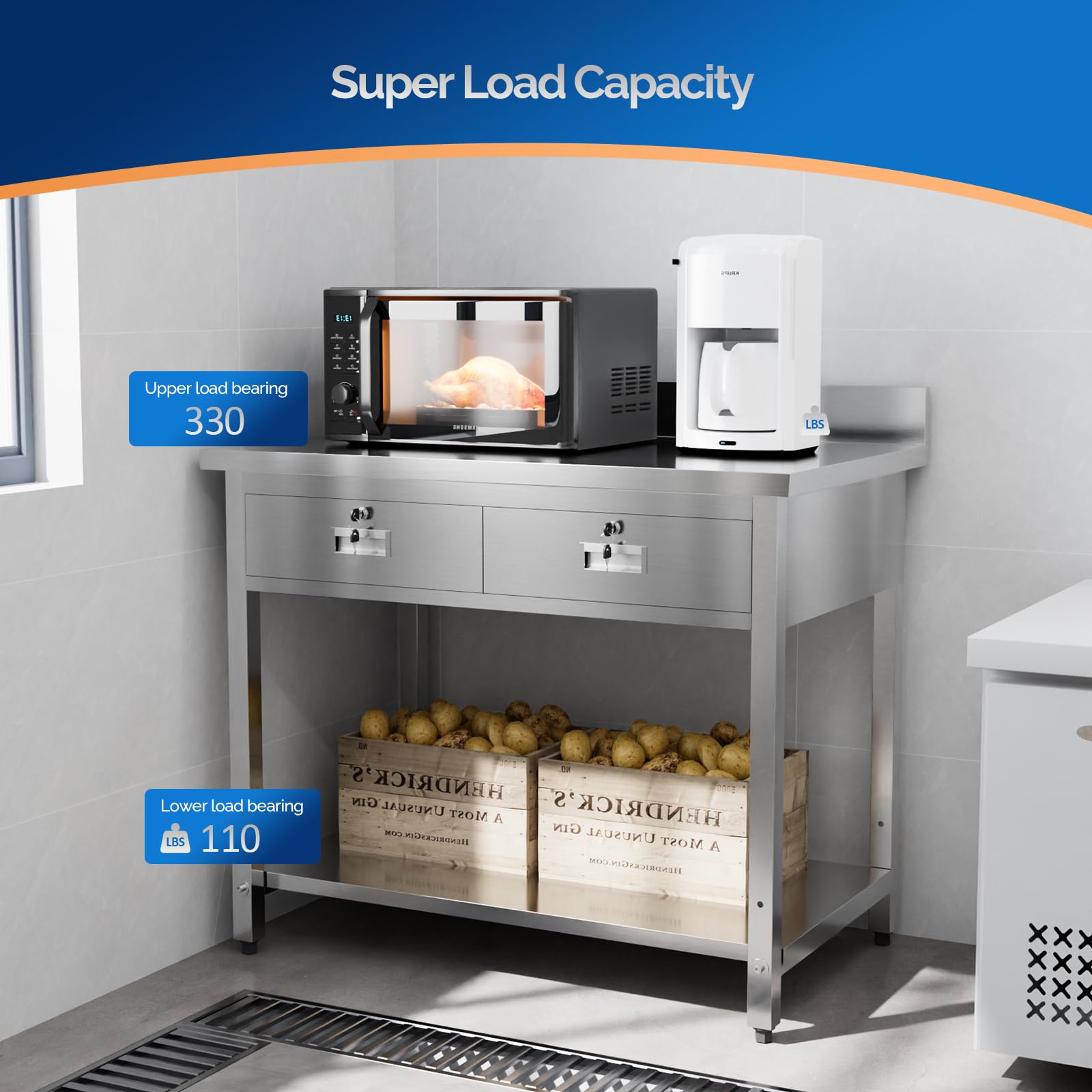 ROVSUN 42" x 26" Stainless Steel Kitchen Work Table with 2 Drawers