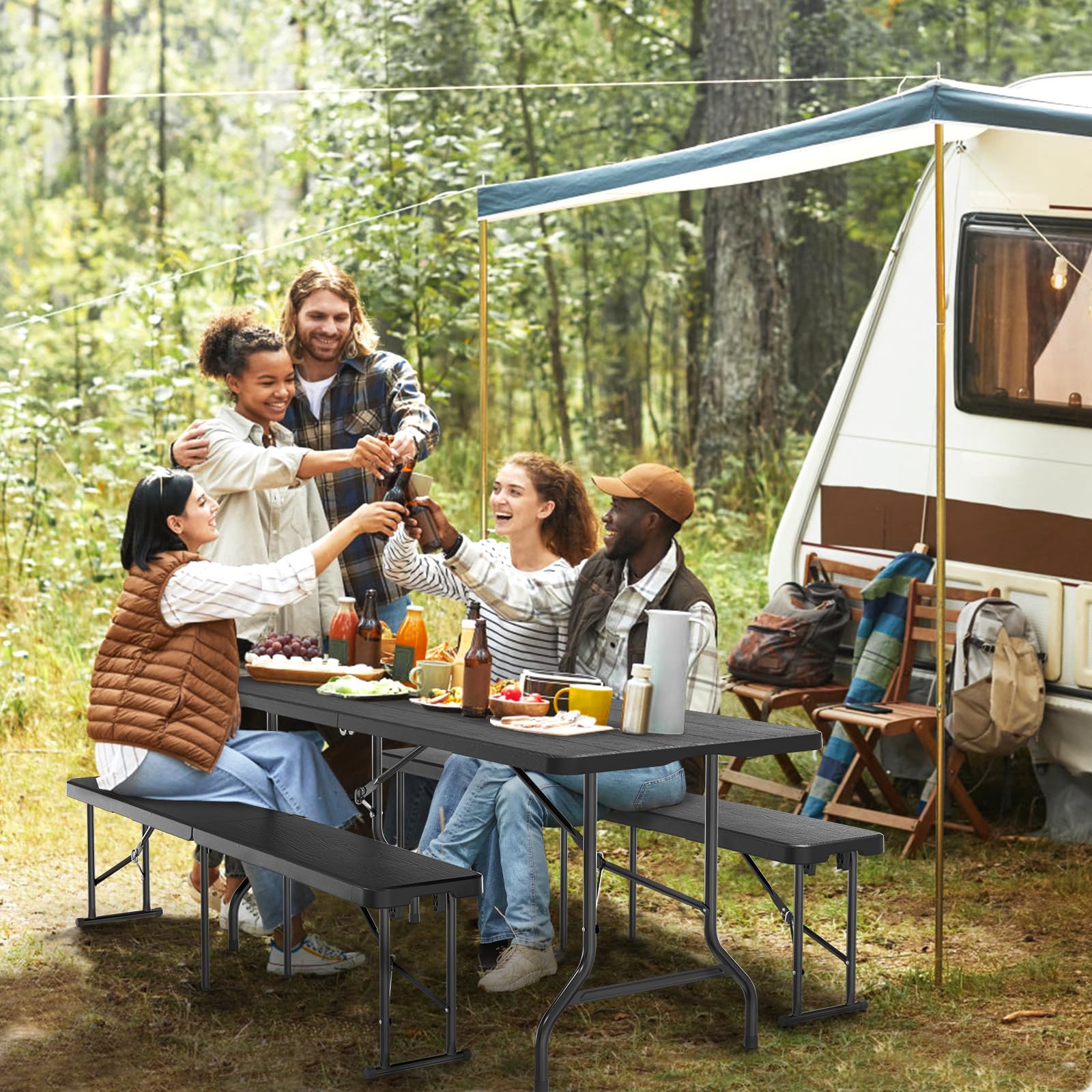 6 Feet Plastic Folding Bench Outdoor Picnic Party Seat Black