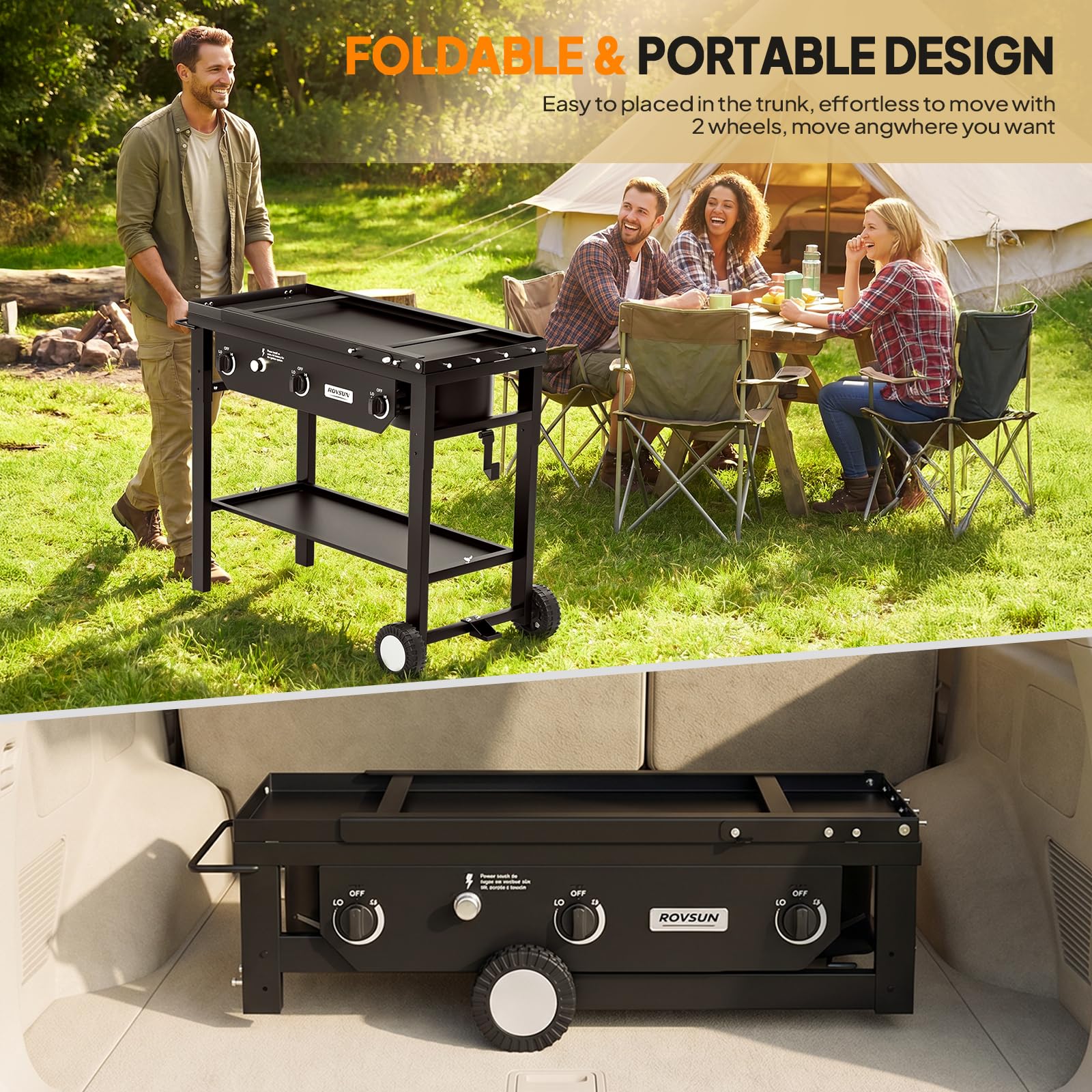 ROVSUN 3-Burner 225000 BTU Outdoor Camping Propane Stove with Foldable Work Station