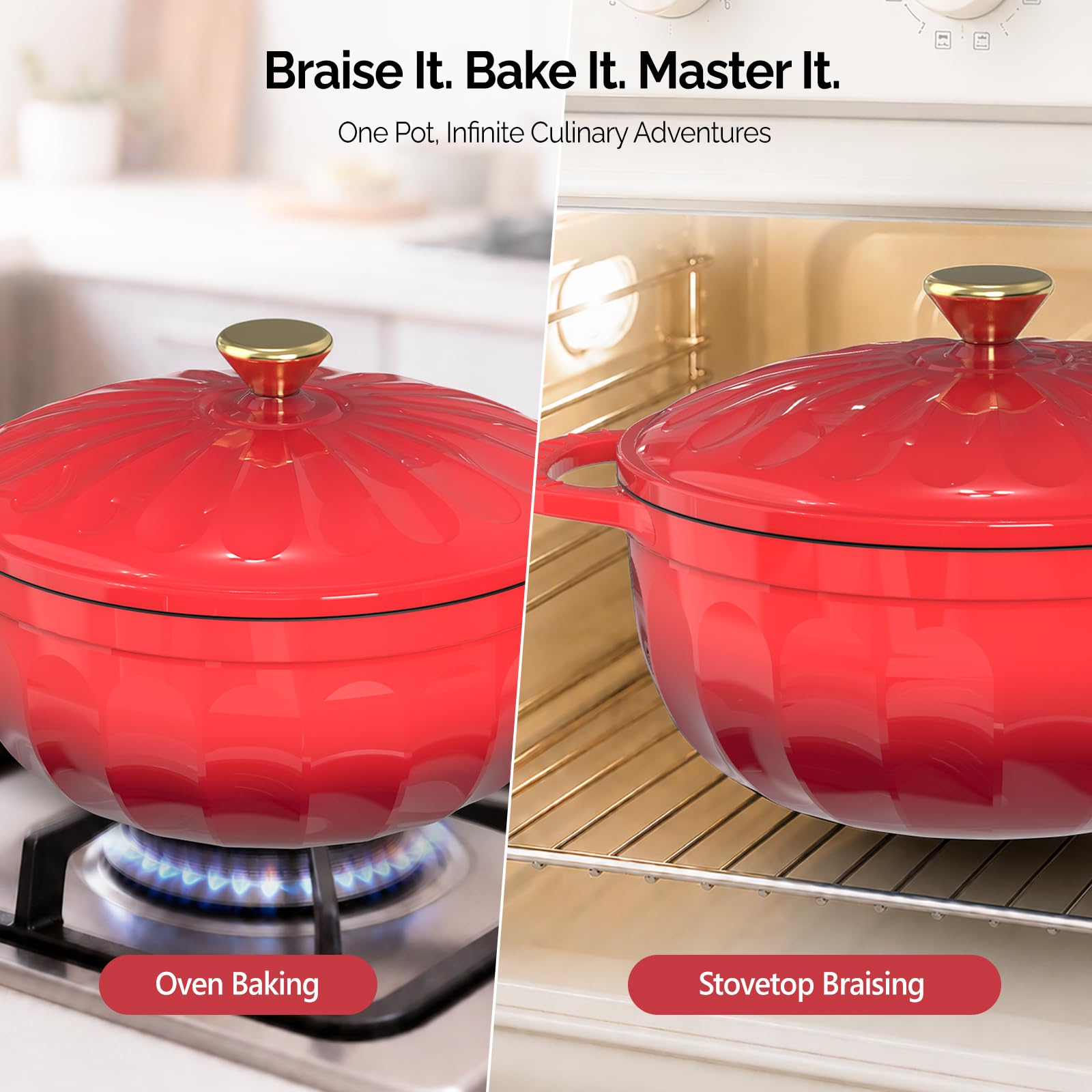 ROVSUN 5 QT Enameled Cast Iron Round Dutch Oven Red Gradient