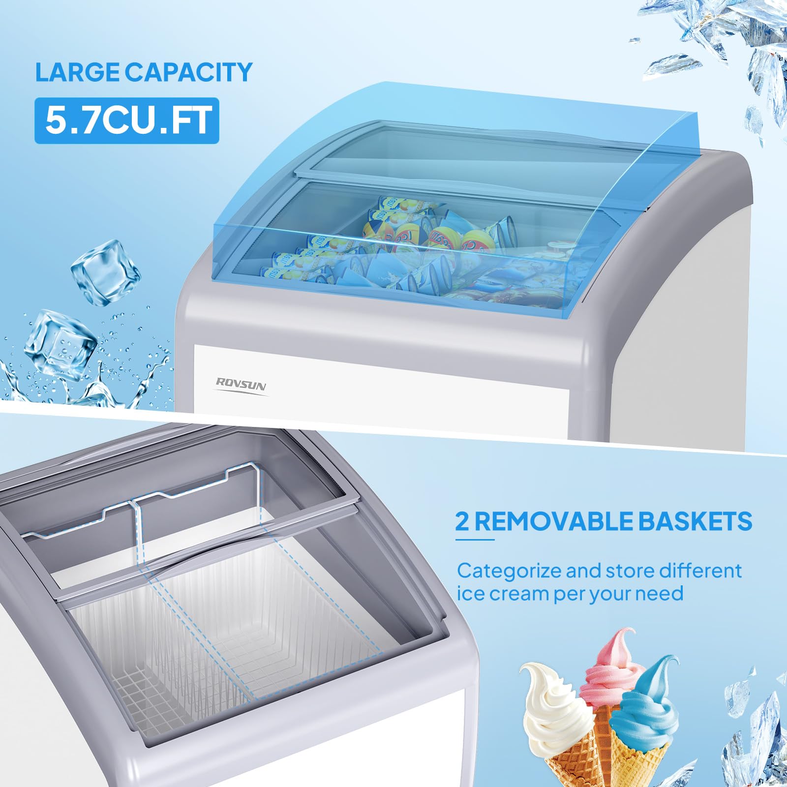 ROVSUN 26" 5.7 Cu.Ft. Curved Top Display Ice Cream Freezer