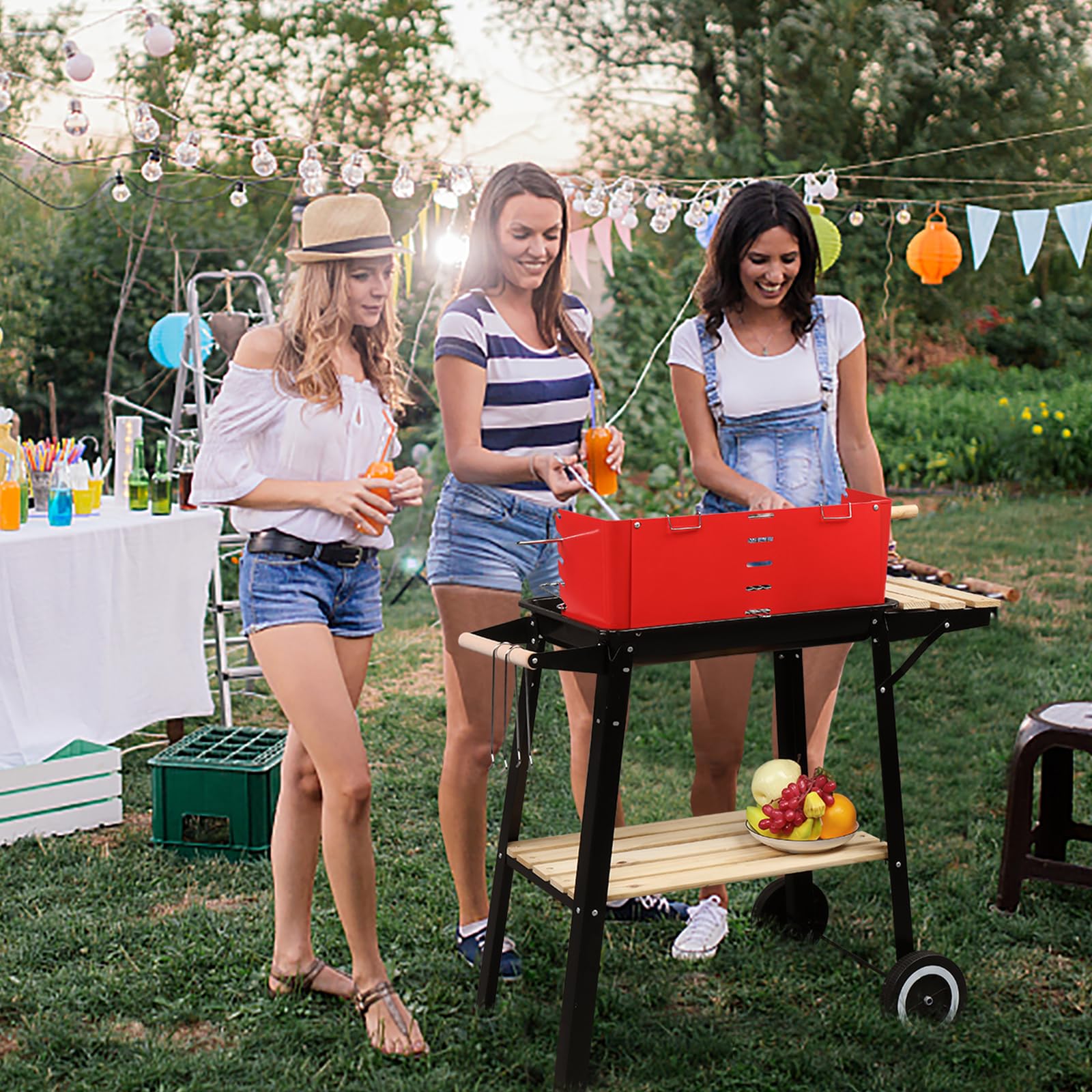 ROVSUN BBQ Charcoal Grill Outdoor Patio with Wheels & Shelves