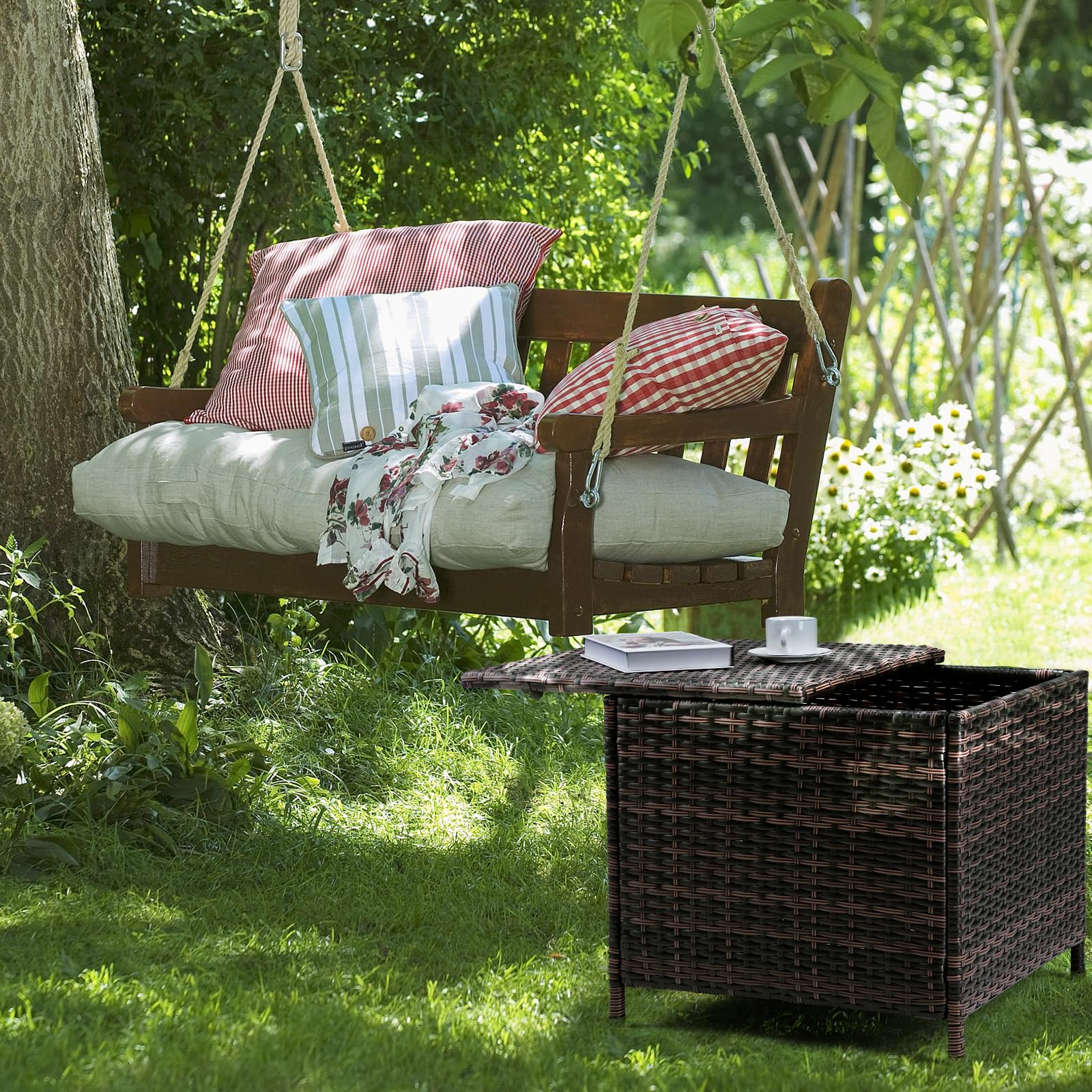 27 Gallon Rectangular Outdoor Wicker Side Table with Storage