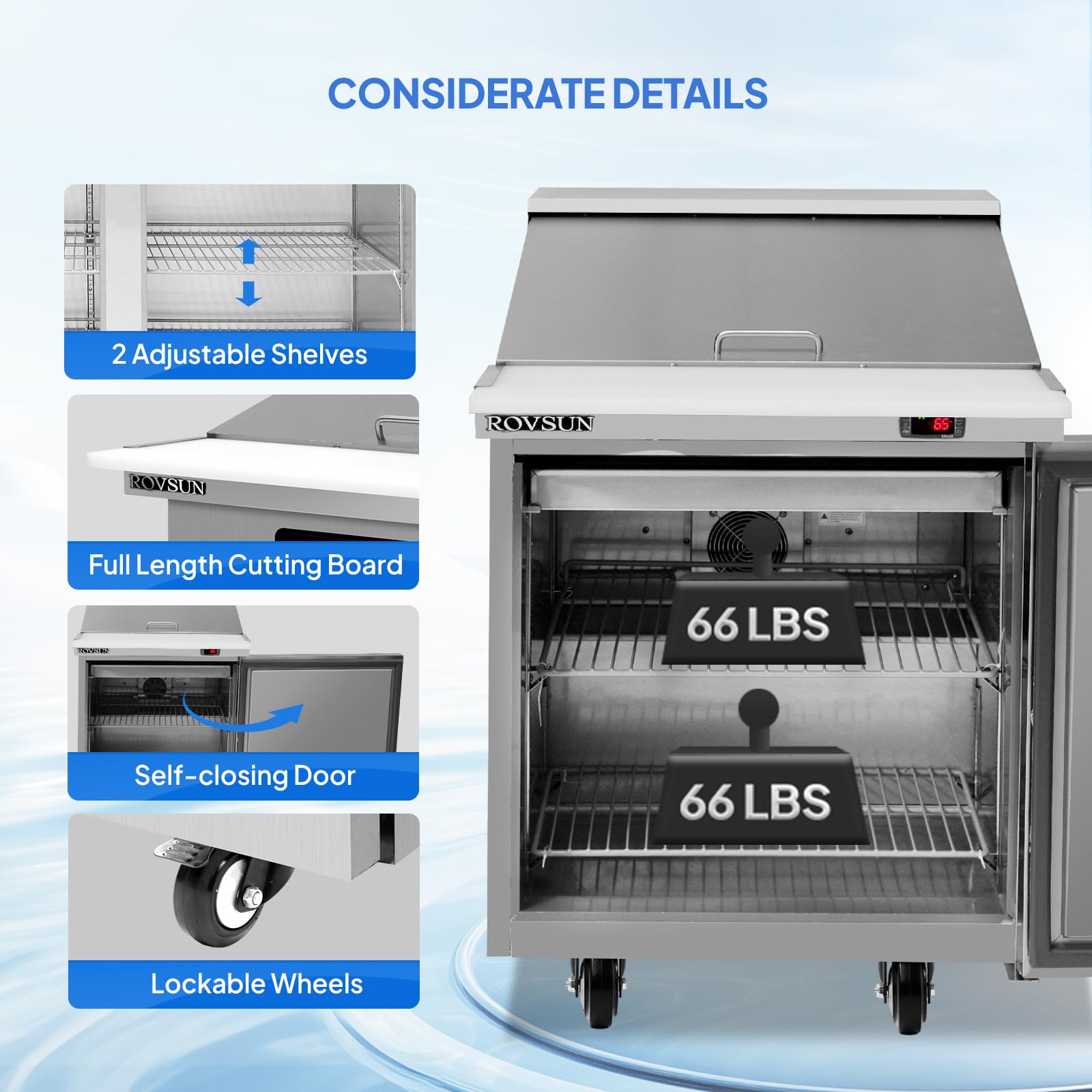 ROVSUN 28" 7.1 Cu.Ft. 320W 115V Silver Refrigerated Salad Sandwich Prep Table
