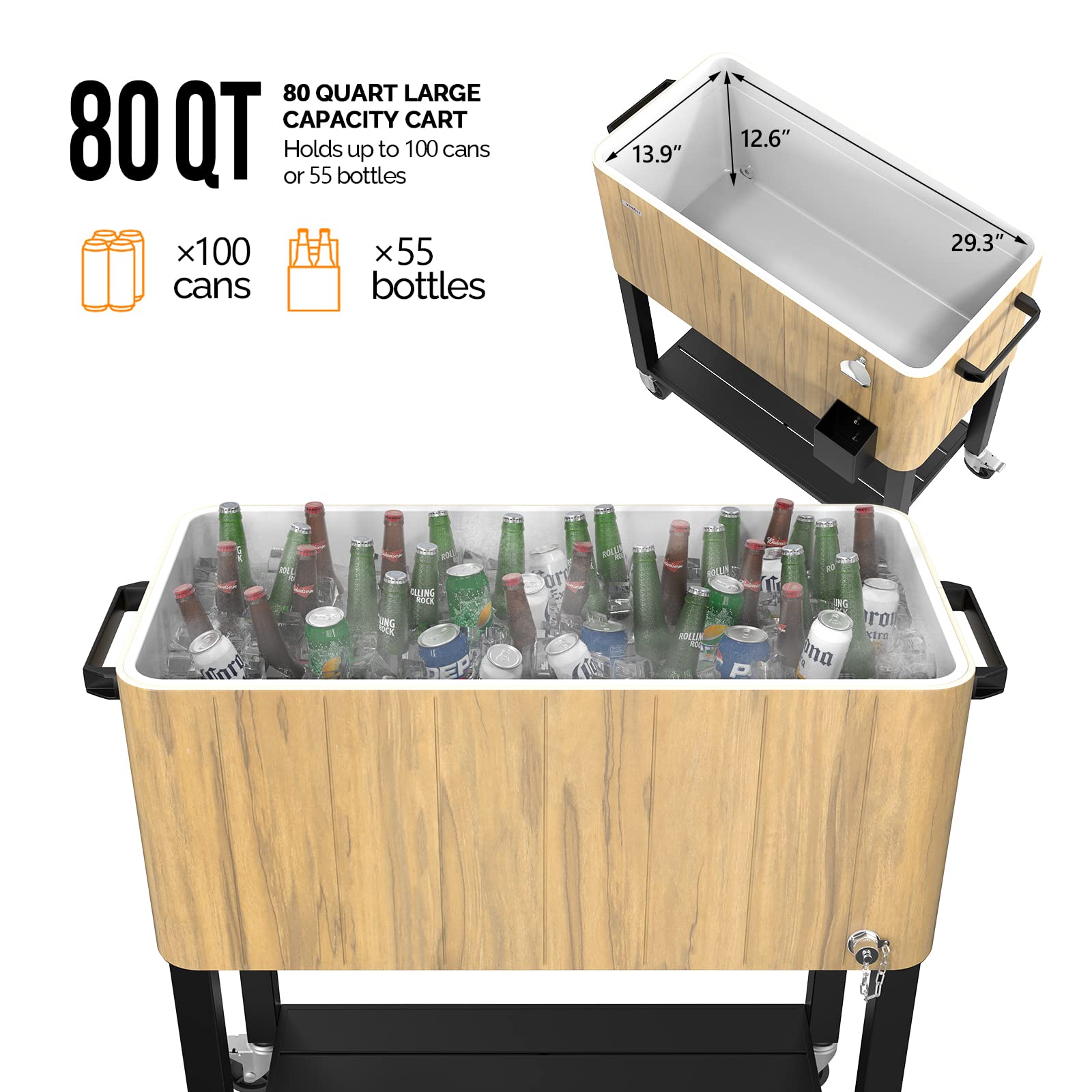 80 Quart Portable Outdoor Patio Rolling Cooler Cart Brown