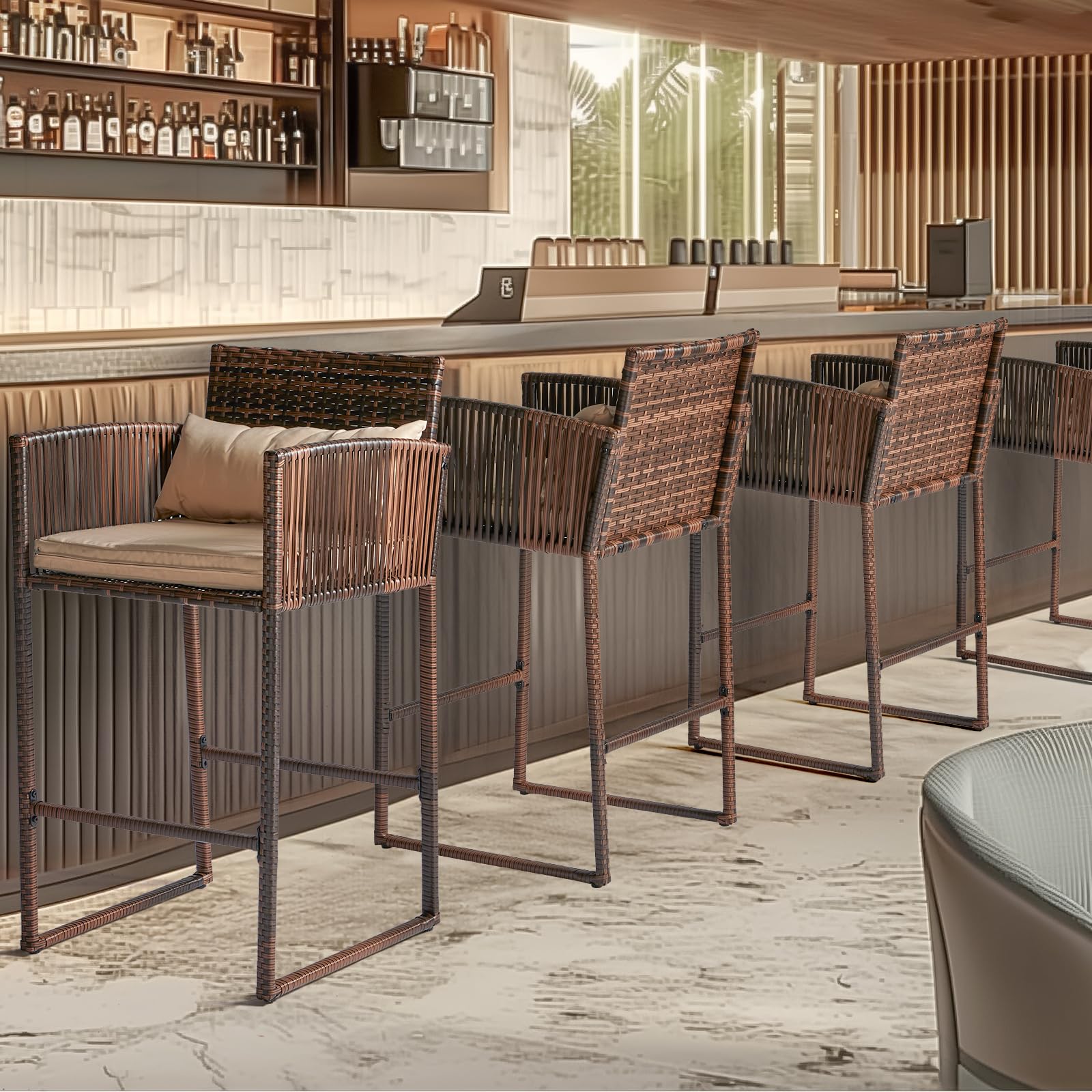 Outdoor Wicker Bar Stools and Table with Storage Shelf