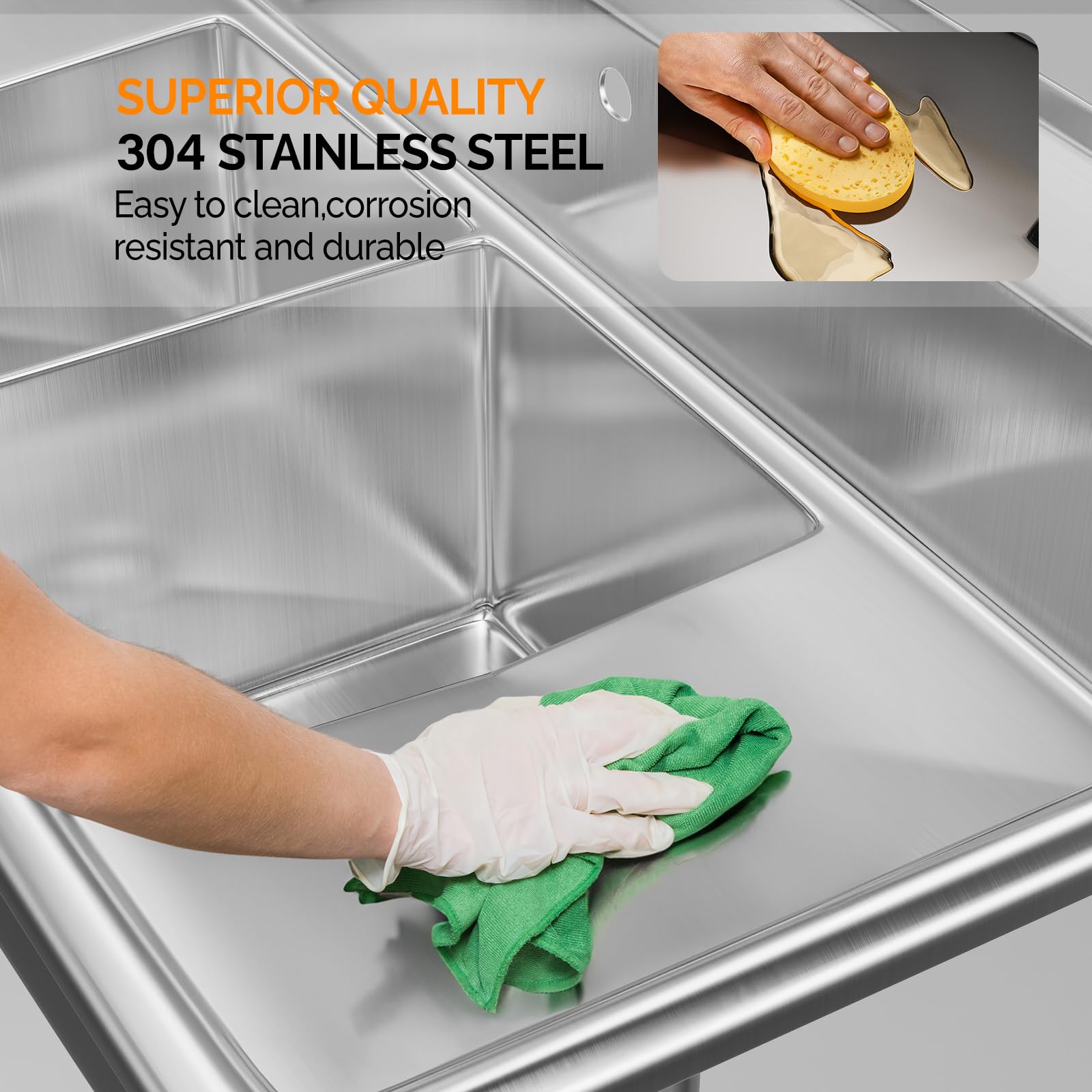 ROVSUN 44" x 20" 3 Compartment 304 Stainless Steel Sink with Right Side Drainboard