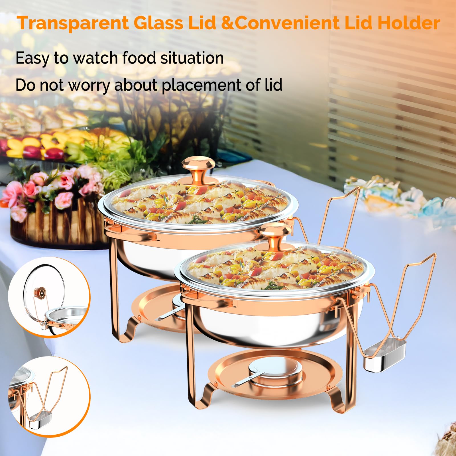 ROVSUN 6 QT Round Rose Gold Chafing Dish Buffet Set with Lid Holder