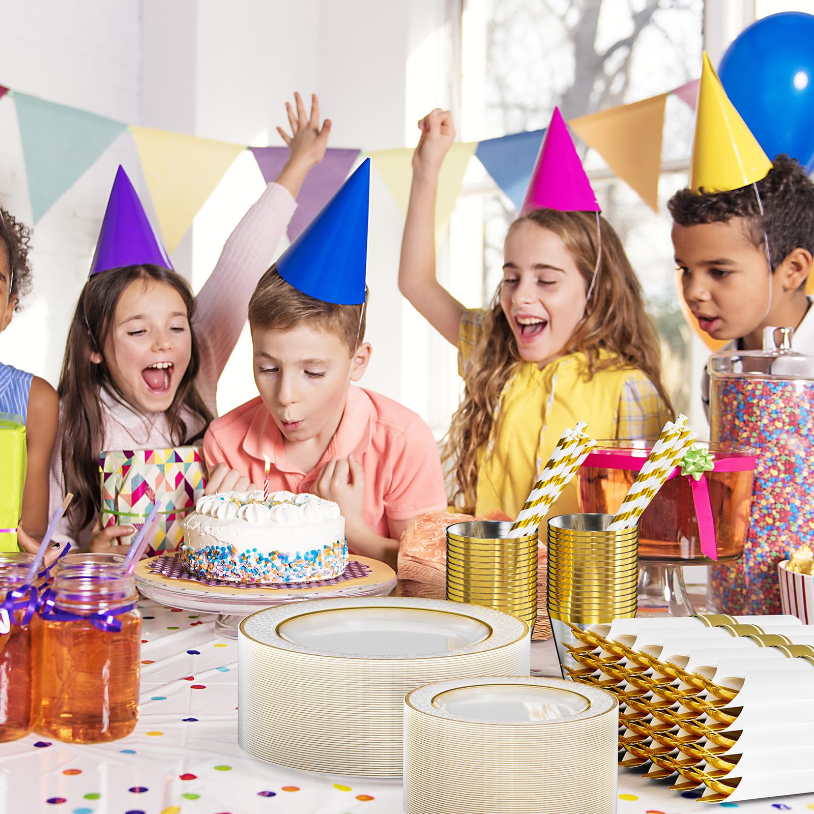 ROVSUN 400 Pieces Pre Rolled Napkins Gold Clear Disposable Plastic Dinnerware Set for 50 Guests